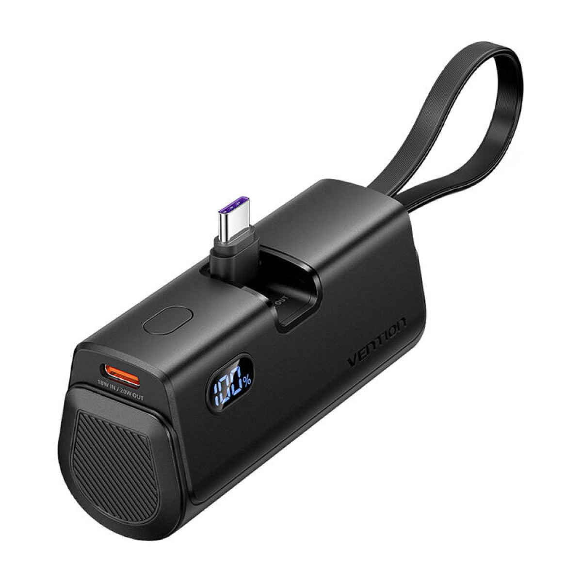 Power bank Vention nera con display digitale che mostra il 100%. Una porta USB-C è collegata. Un cinturino nero è attaccato.