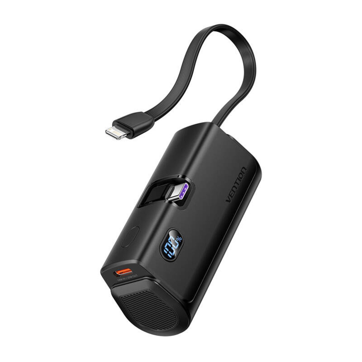 Power bank Vention nera con cavo collegato. Visualizza il 100% di carica. Il cavo ha un connettore USB-C.