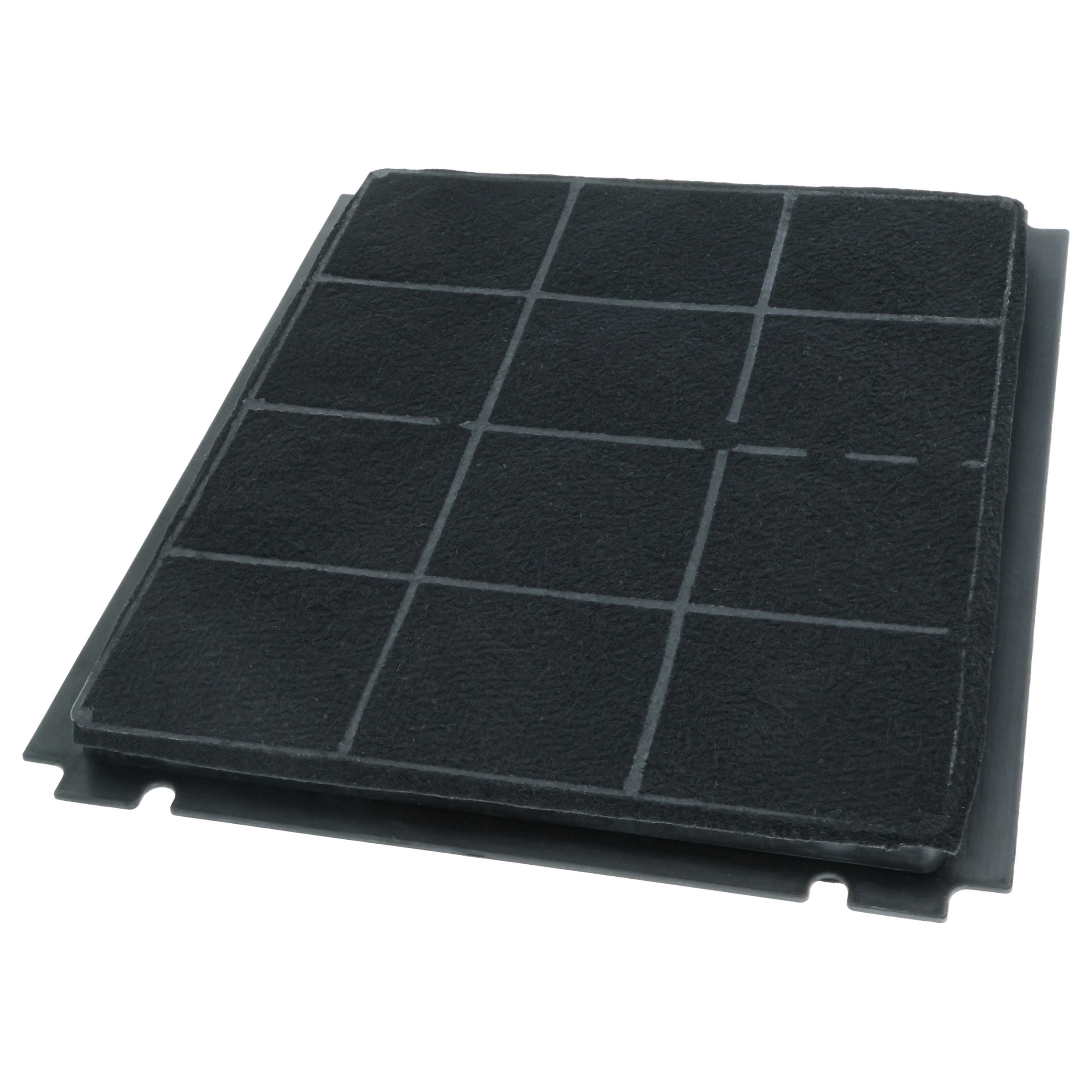 Ein rechteckiger Luftfilter mit schwarzem Netz, in Quadrate unterteilt, liegt auf einem dunkelgrauen Rahmen.