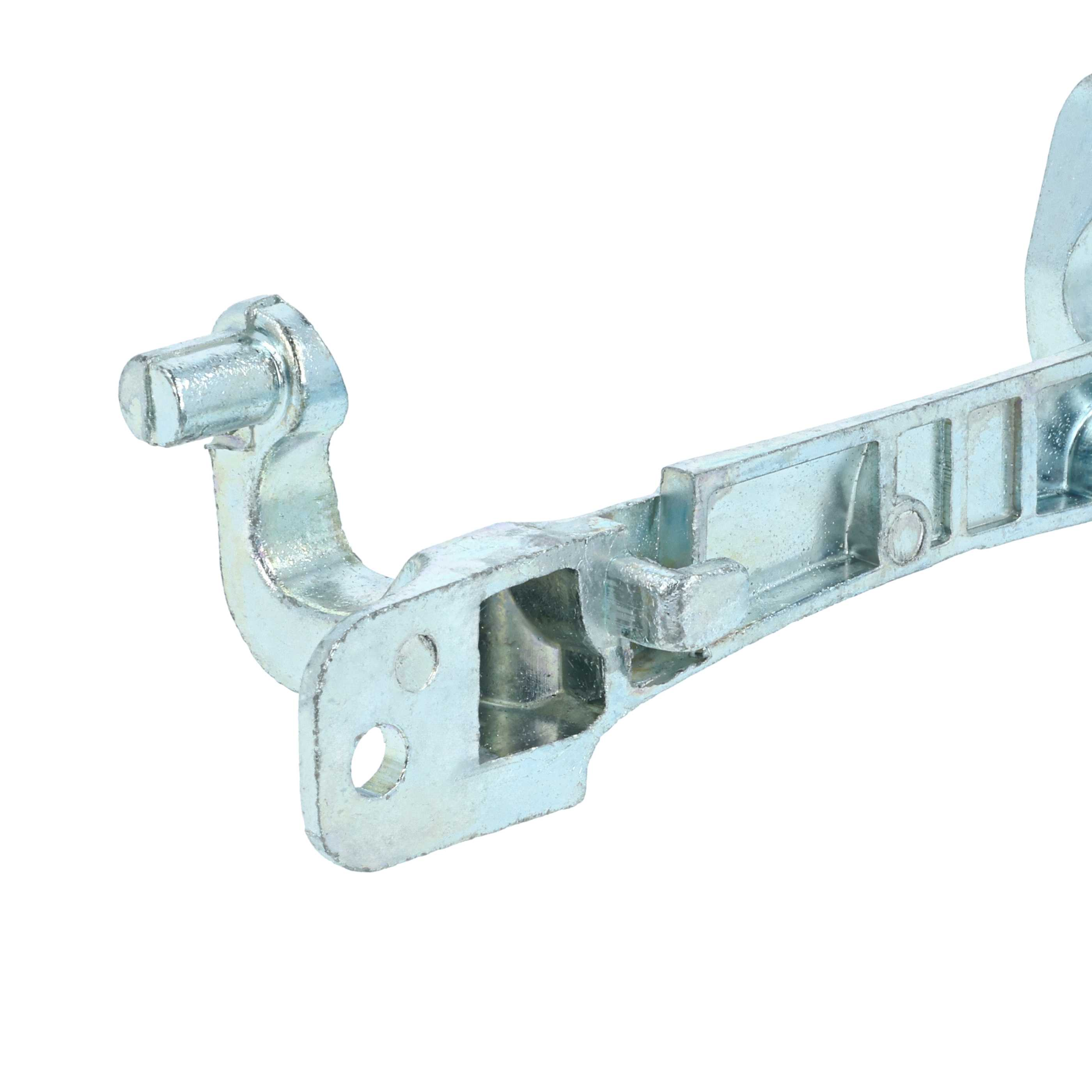 Nahaufnahme einer metallischen, mechanischen Komponente, möglicherweise ein Scharnier oder eine Halterung, vor weißem Hintergrund.