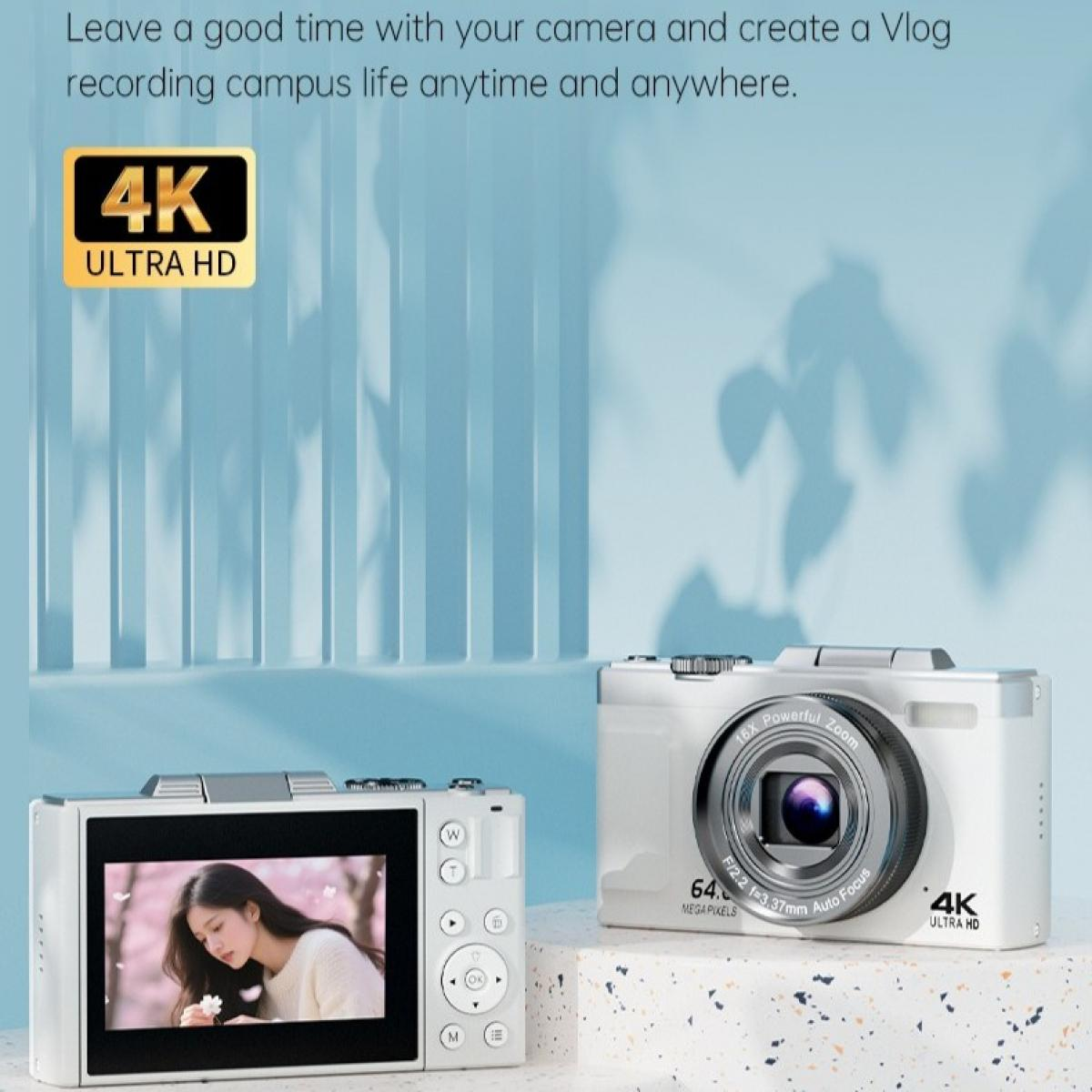 Zwei weiße Digitalkameras mit 4K Ultra HD-Etiketten. Eine zeigt ein Frauenbild, die andere hat ein starkes Zoomobjektiv.