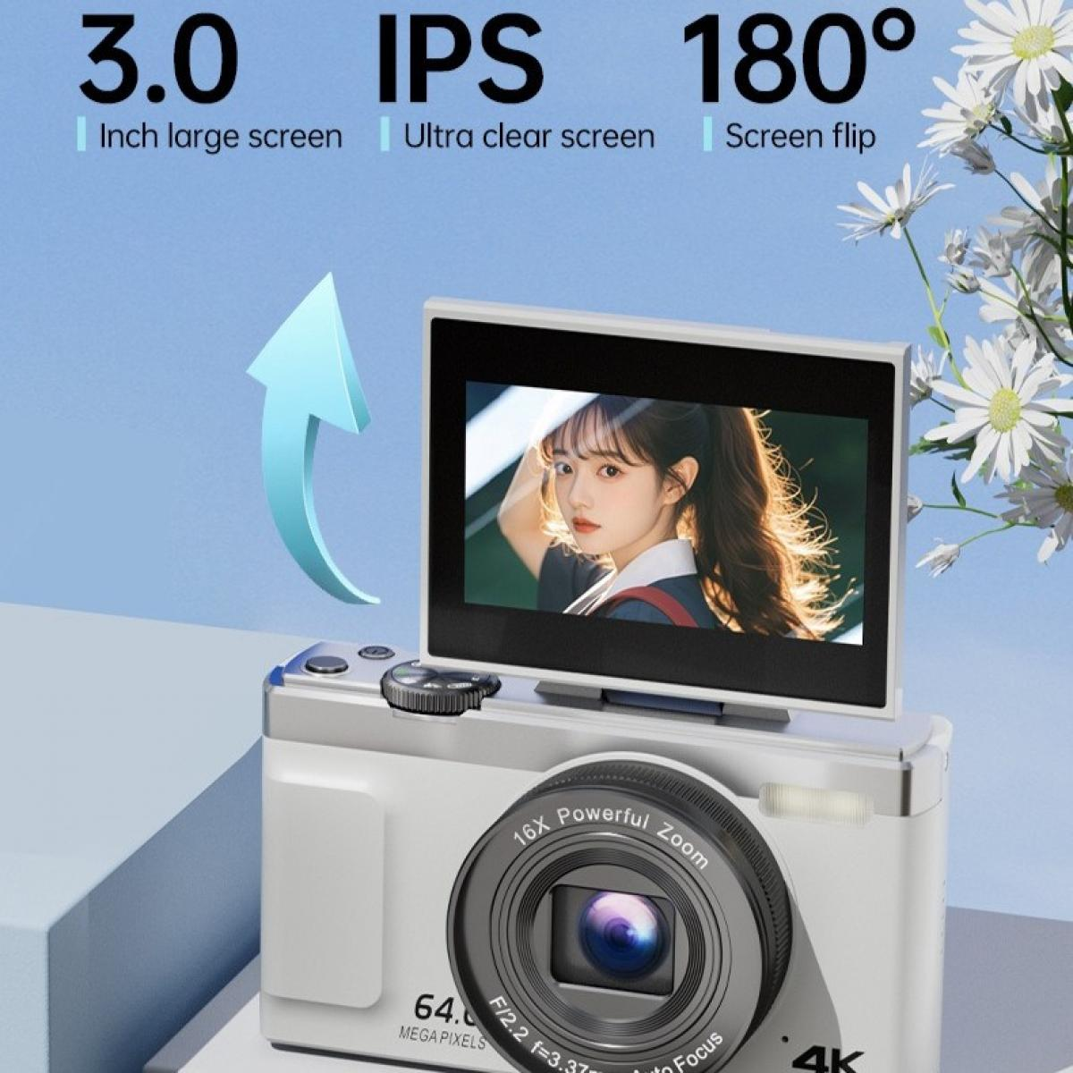 Eine weiße Kamera mit Klappbildschirm, der eine Frau zeigt. Text enthält '3.0 IPS 180°'. Gänseblümchen sind im Hintergrund.
