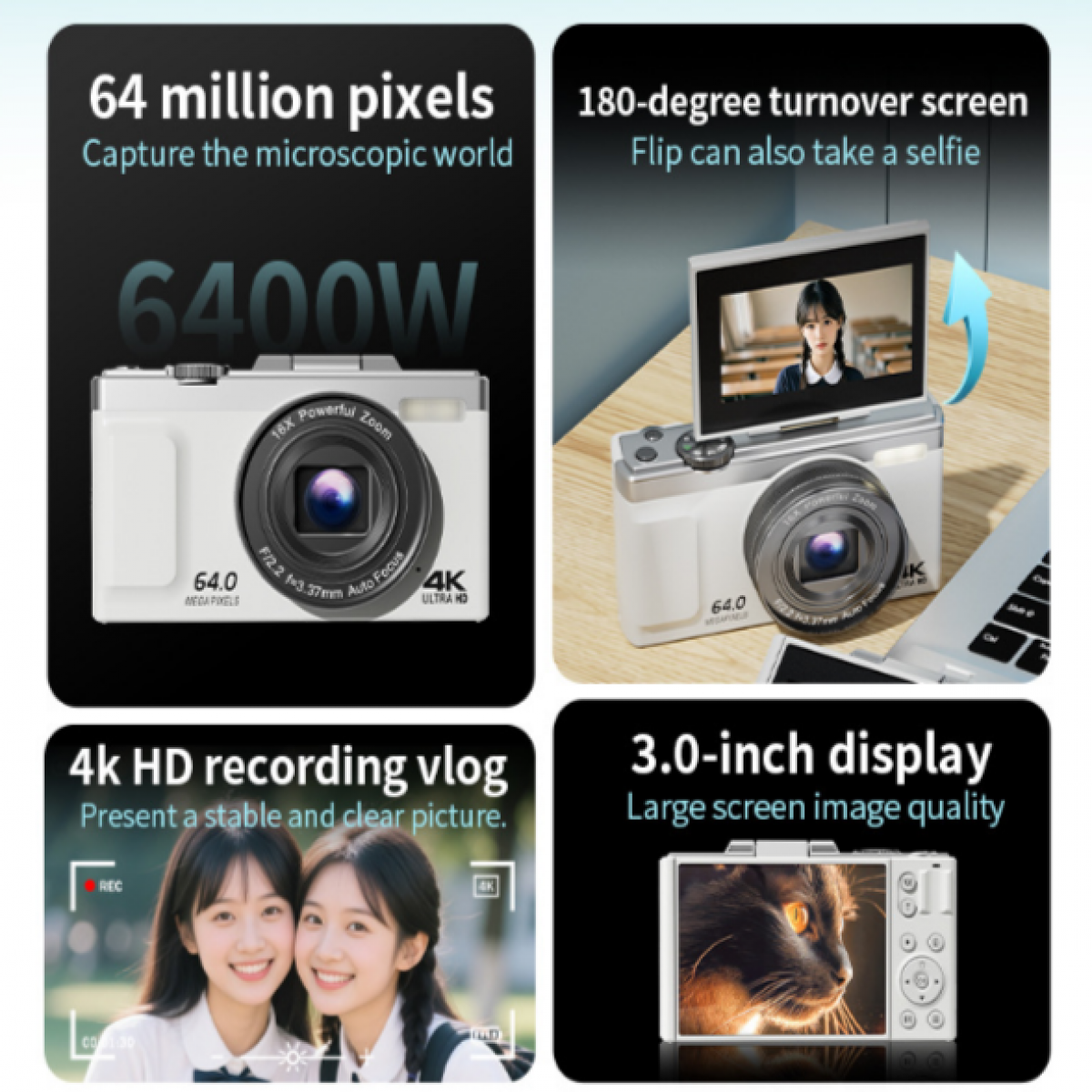 Weiße Kamera mit Klappbildschirm, mit Funktionen wie 64MP, 4K-Aufnahme und einem 3,0-Zoll-Display. Inklusive Beispielfotos.