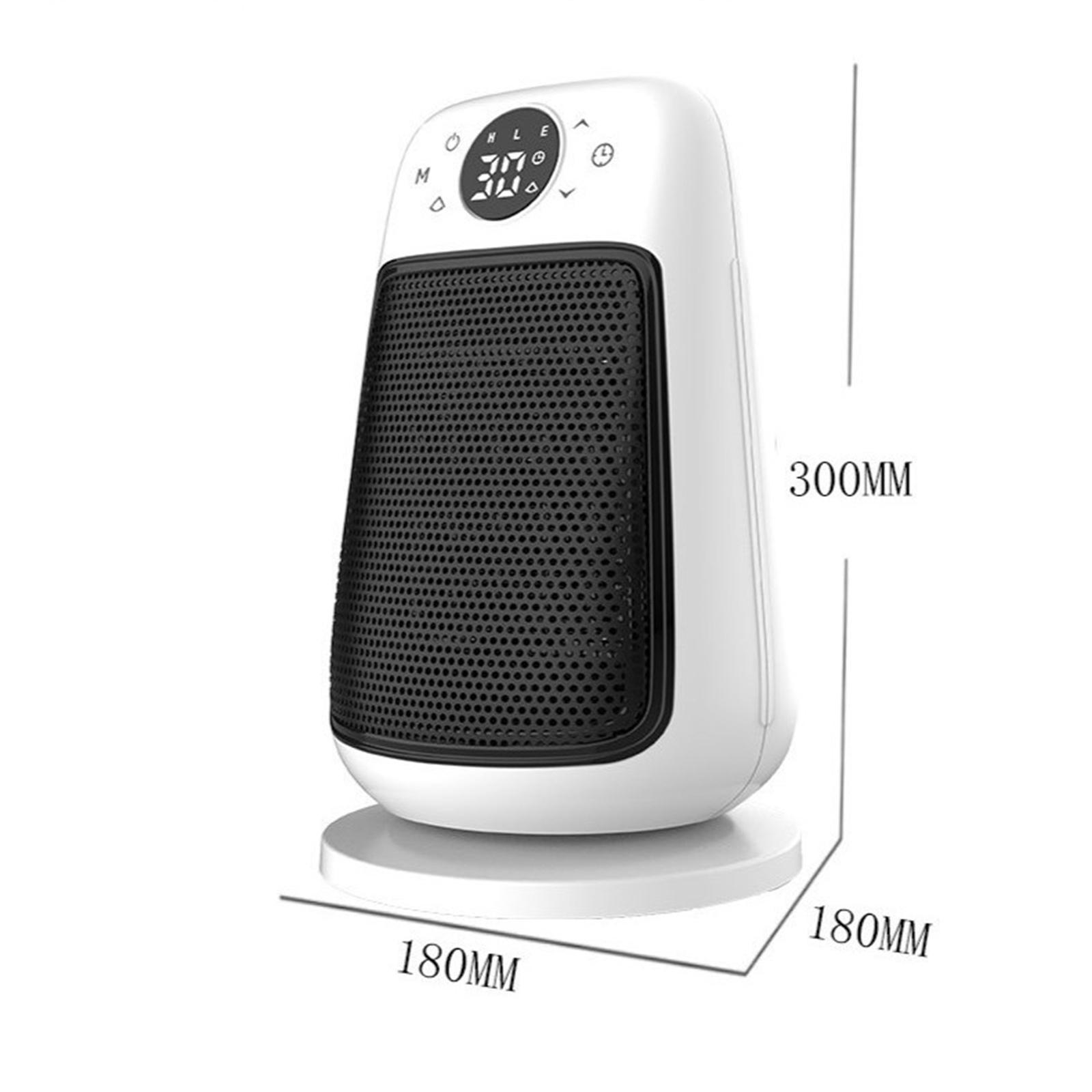 Ein weißer Elektroheizer mit schwarzem Grill und Digitalanzeige. Maße sind beschriftet: 180mm x 300mm.