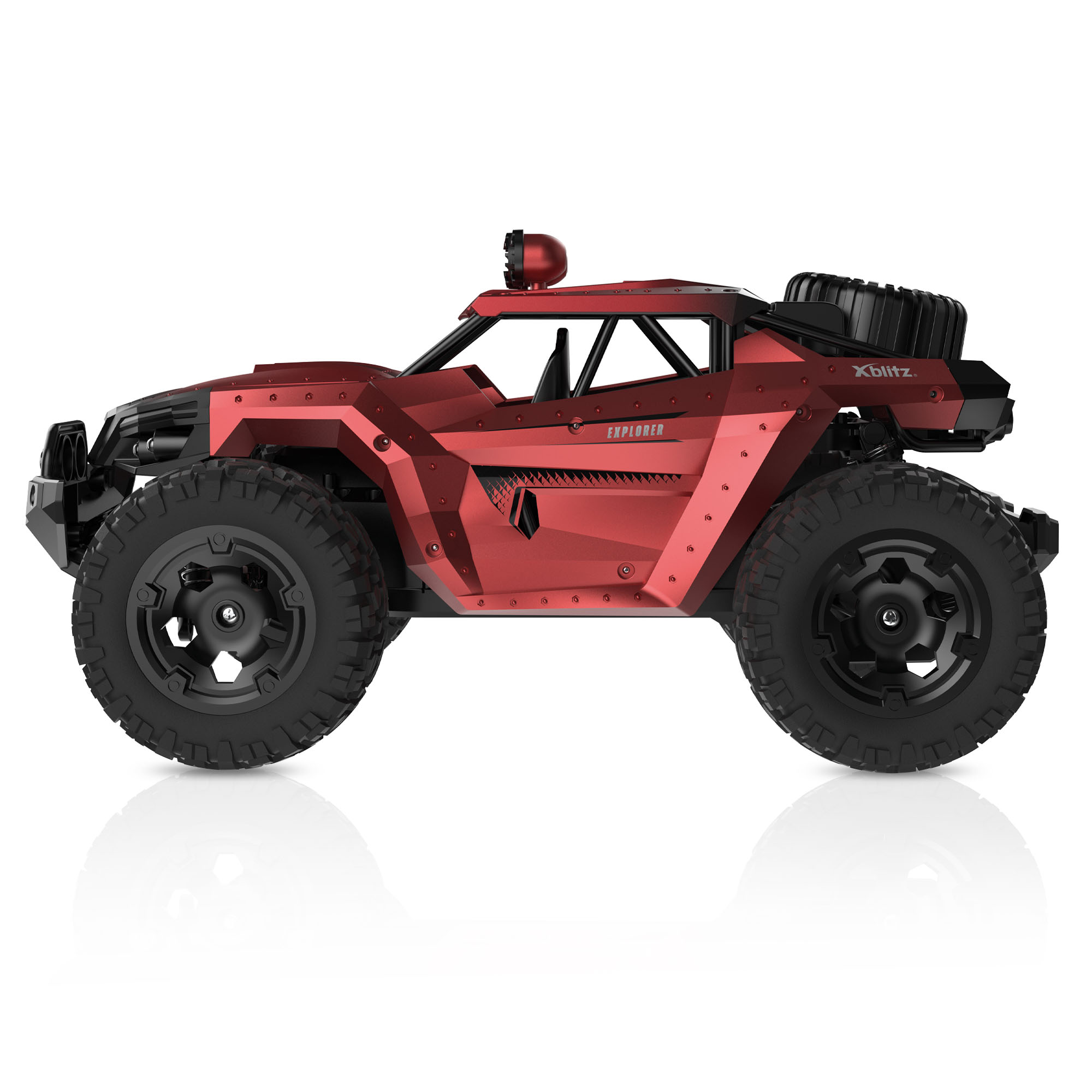 Czerwony samochodzik z czarnymi oponami. Z boku napis Explorer, na górze światło. Na białej powierzchni.