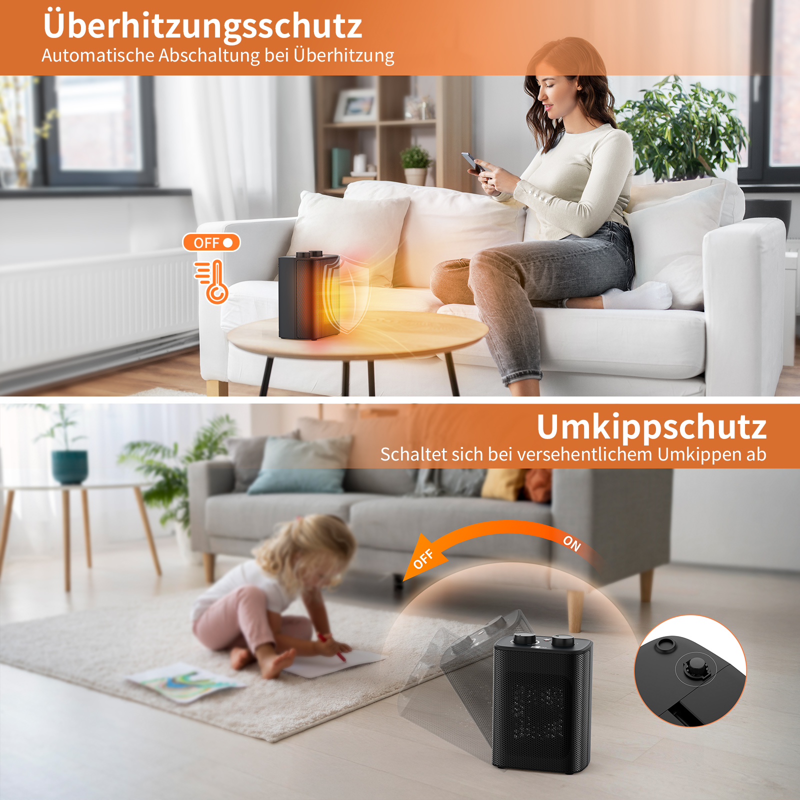 Eine Frau sitzt auf einem Sofa, und ein Kind spielt auf dem Boden. Ein schwarzer Heizlüfter steht auf dem Tisch und auf dem Boden.