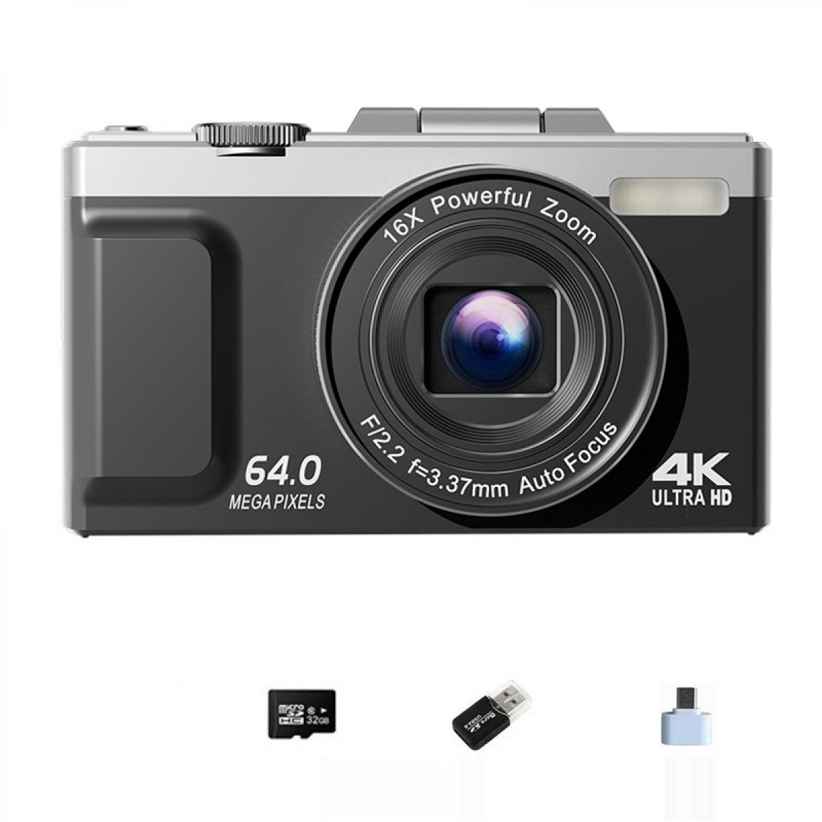 Digitalkamera mit Objektiv, 16X Zoom, 64,0 Megapixel, 4K Ultra HD. Zubehör: SD-Karte und USB-Adapter.