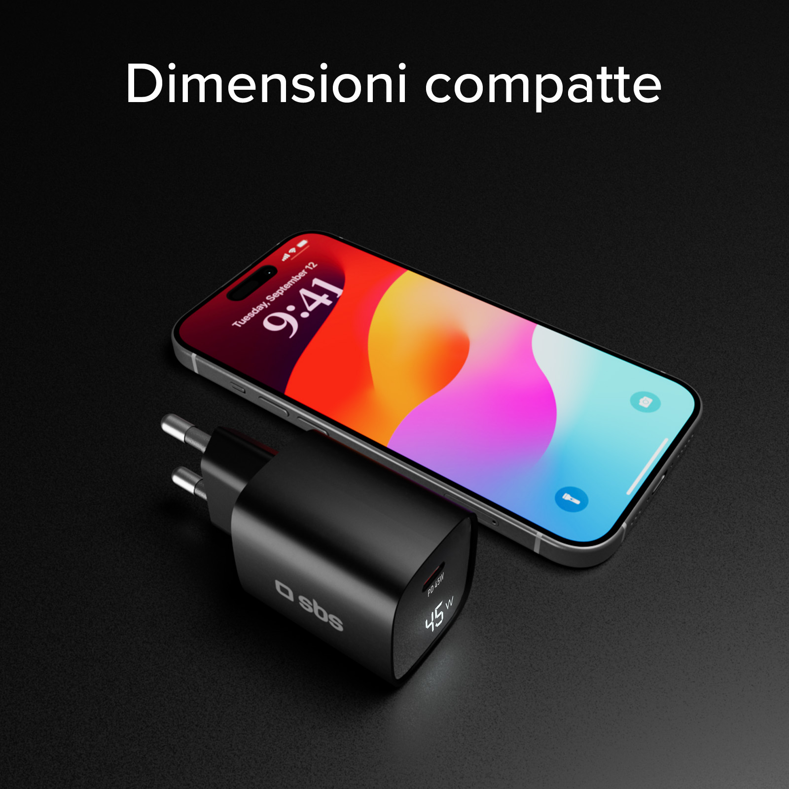 Telefon i czarna ładowarka. Telefon wyświetla godzinę 9:41. Ładowarka ma napis 'sbs' i '45W'.