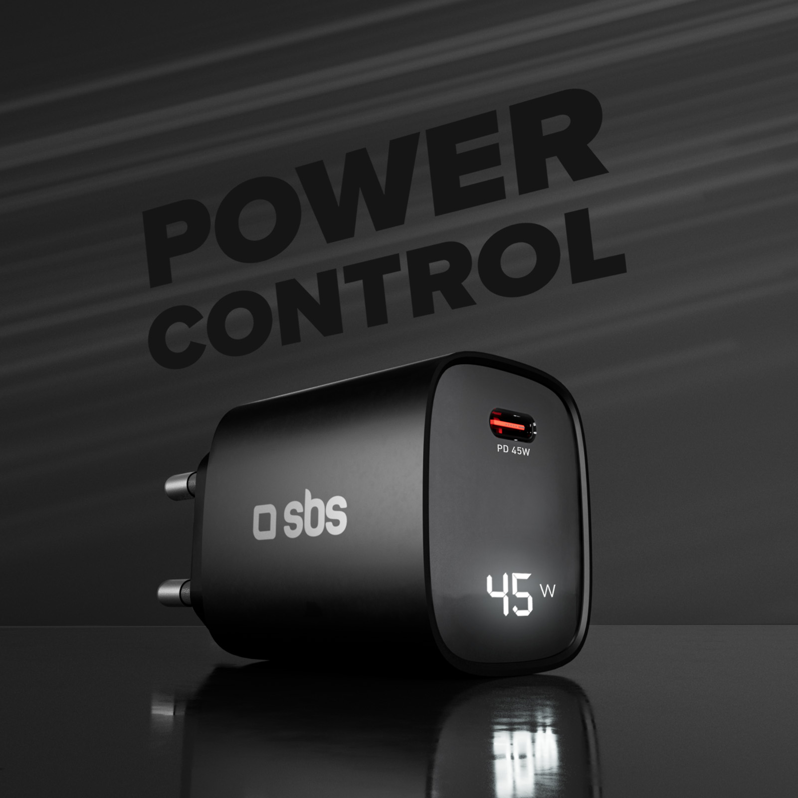 Czarny zasilacz z białym cyfrowym wyświetlaczem pokazującym '45W'. Słowa 'POWER CONTROL' są w tle.