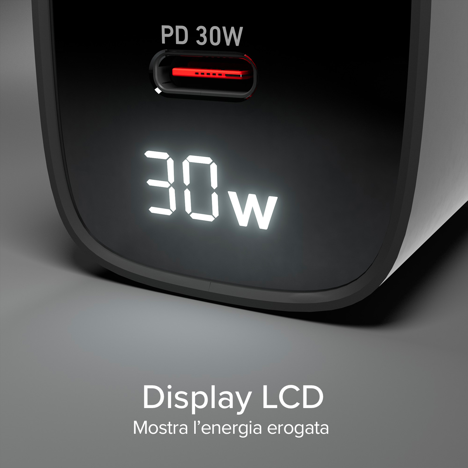 Schwarzes Ladegerät mit Display, das 30 W anzeigt. Oben steht PD 30 W. Das Display zeigt 30 W an.
