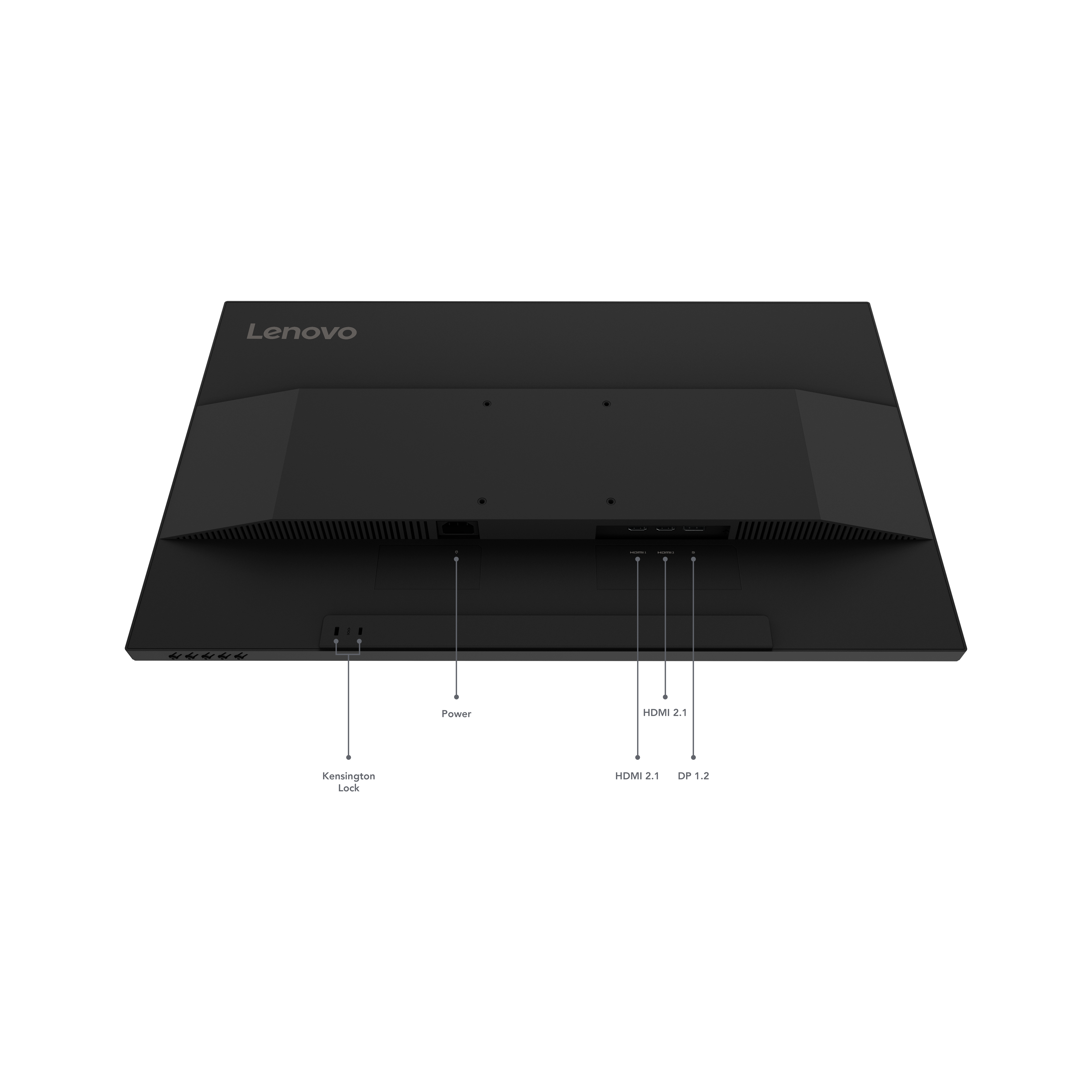 Widok z tyłu czarnego monitora Lenovo. Porty: zasilanie, Kensington Lock, HDMI i DisplayPort.