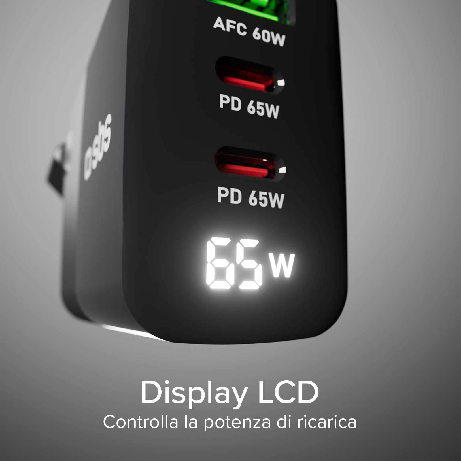 Czarna ładowarka z wyświetlaczem cyfrowym pokazującym 65W. Ma porty ładowania oznaczone jako AFC 60W i PD 65W.