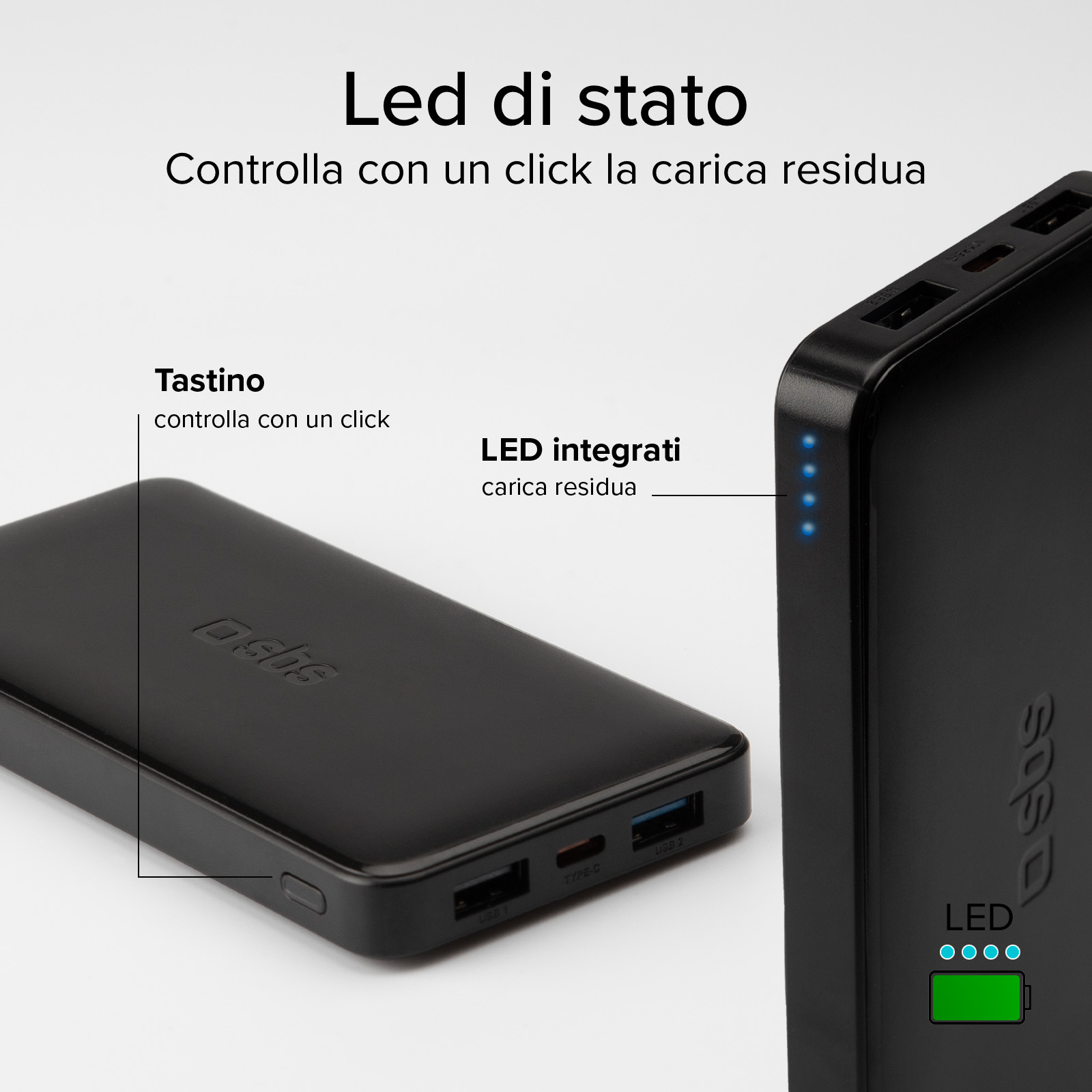 Power bank nera con porte USB e indicatori LED che mostrano il livello della batteria. Il testo spiega le funzioni.