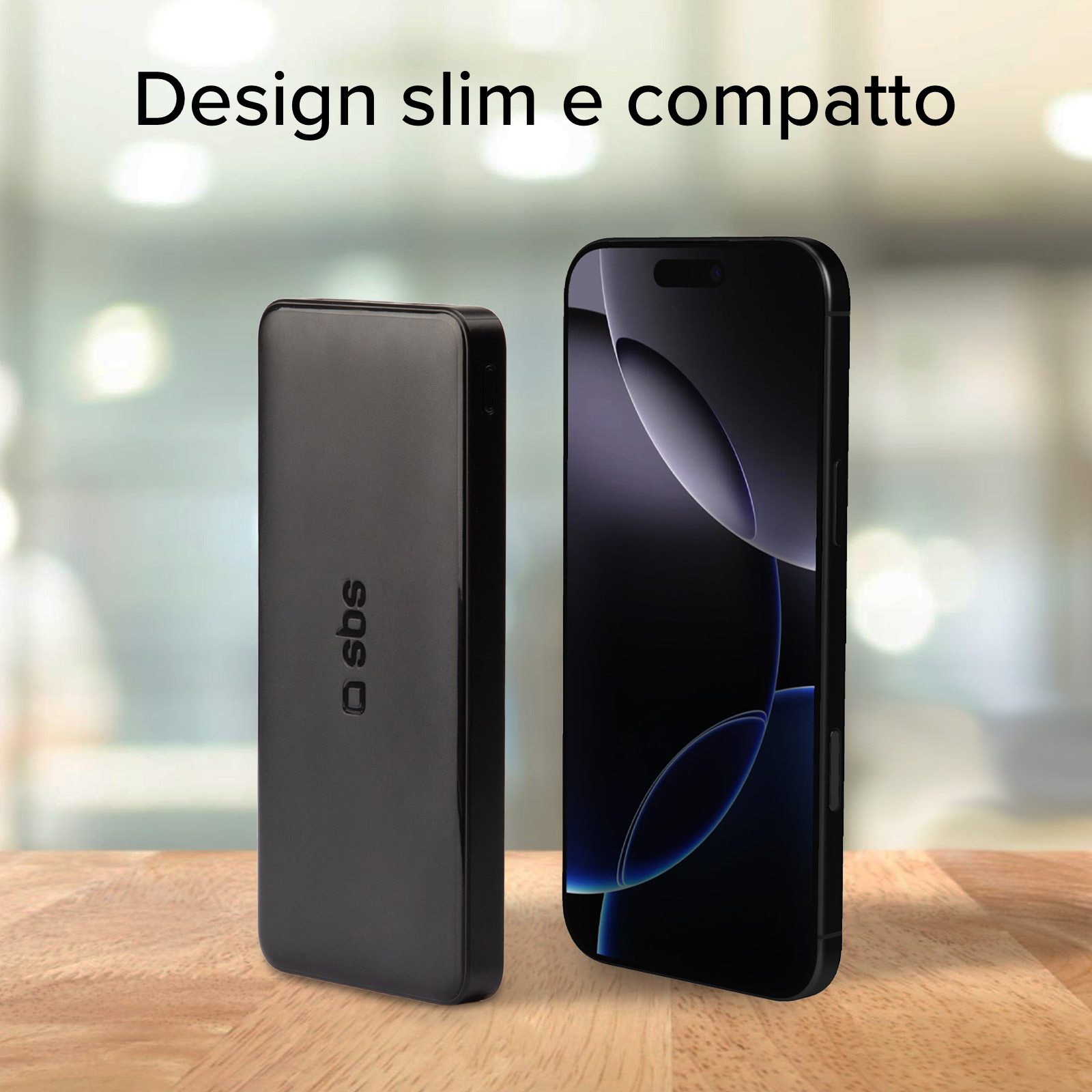 Telefono e caricabatterie neri su tavolo di legno. Testo: Design slim e compatto. Sfondo sfocato.