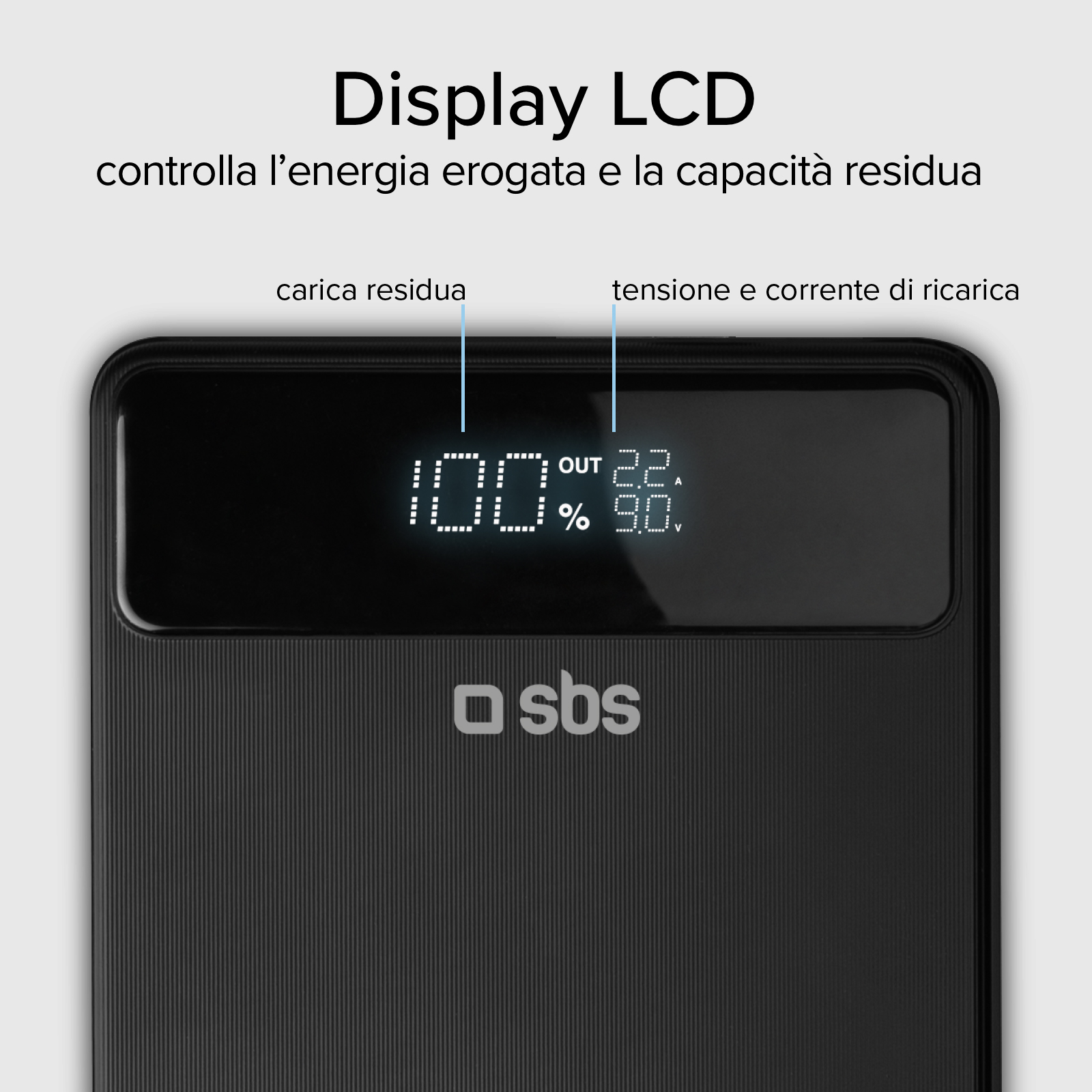 Un power bank nero con display digitale che mostra il 100% di carica, tensione e corrente. Il logo è 'sbs'.