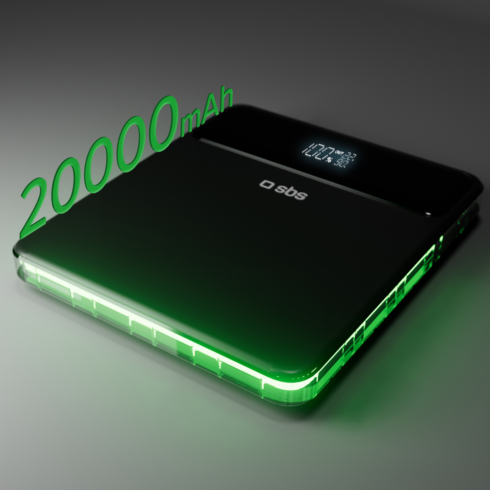 Un power bank nero con dettagli verdi e un display digitale che mostra il 100%. È visibile anche la scritta '20000mAh'.