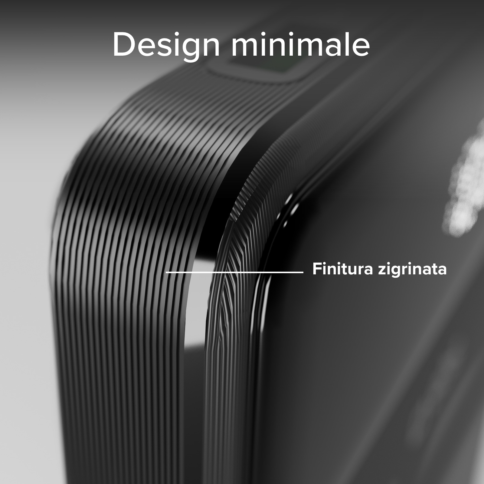 Primo piano di un dispositivo nero e strutturato con testo 'Design minimale' e 'Finitura zigrinata'.