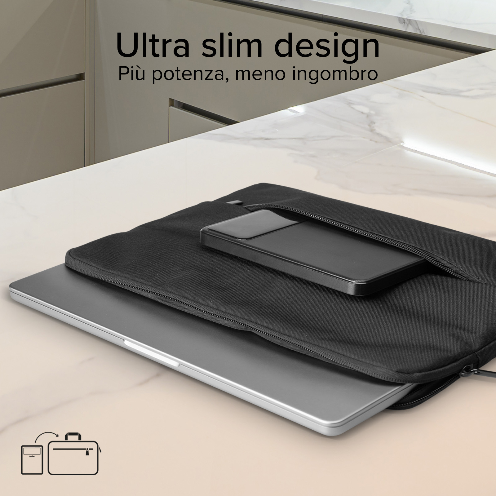 Custodia nera per laptop con laptop e telefono all'interno, su superficie in marmo, con testo 'Design ultra sottile'.