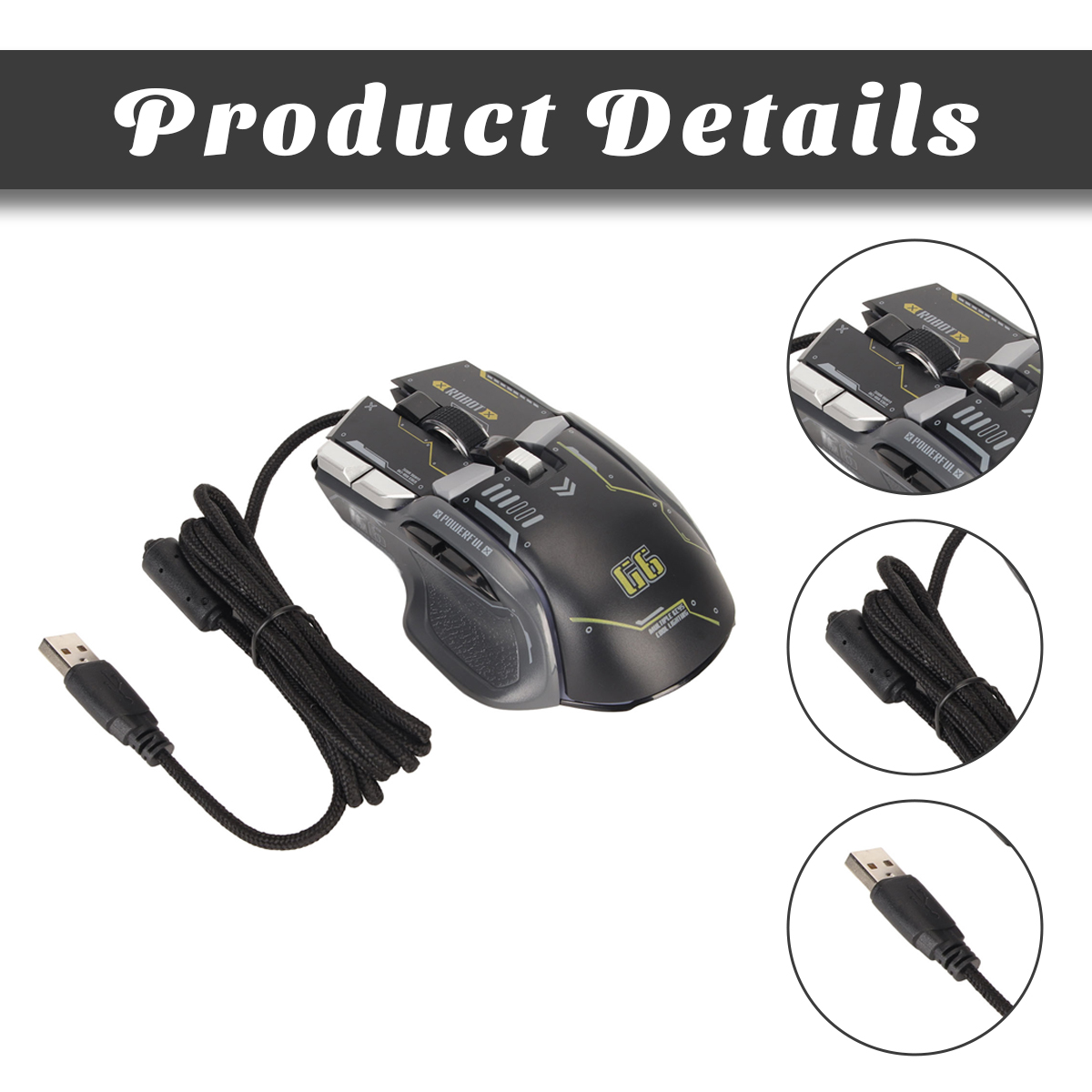 Schwarze Gaming-Maus mit gelben Akzenten, verbunden durch ein geflochtenes schwarzes Kabel und USB. Enthält Detailaufnahmen.