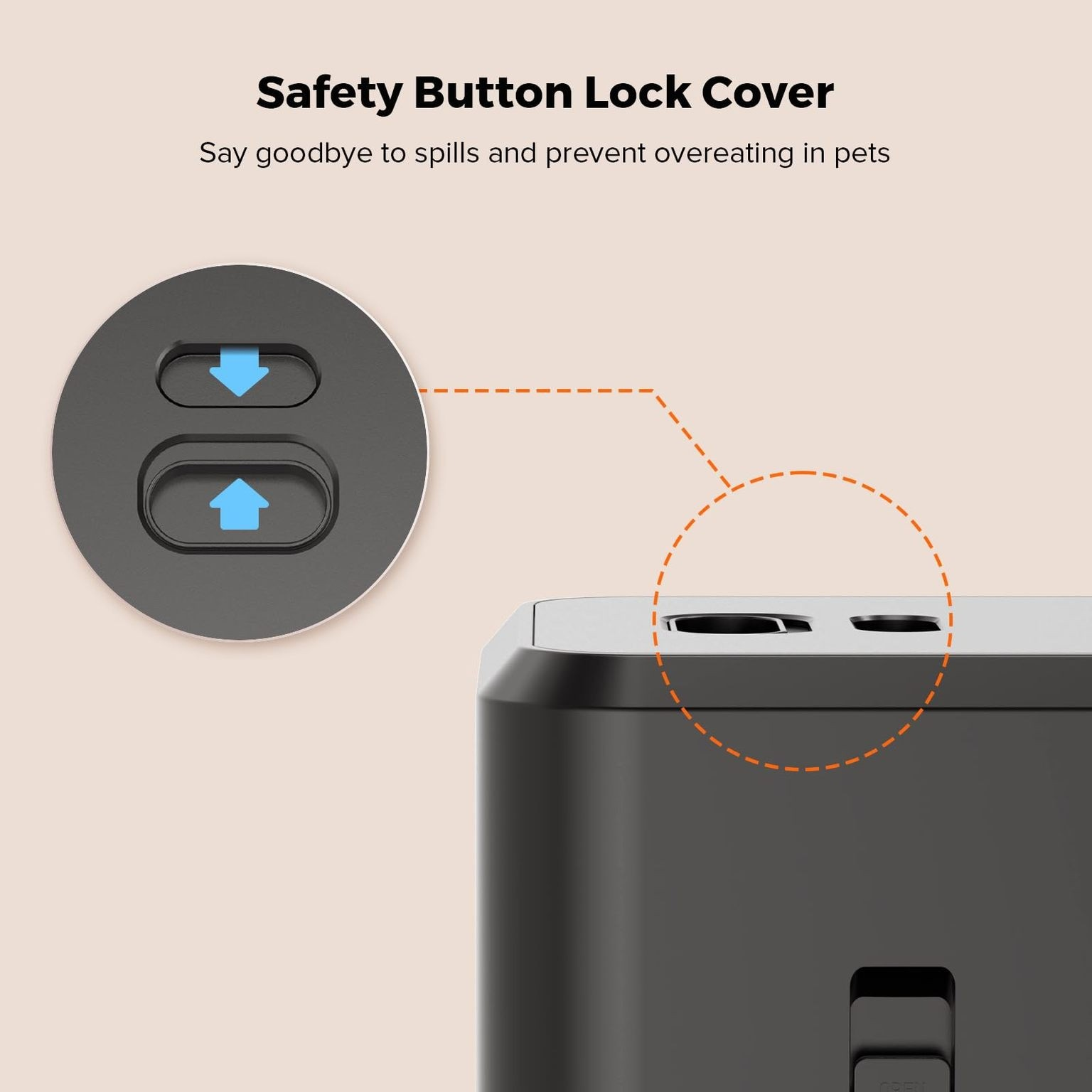 Graue Sicherheitsknopf-Verriegelungsabdeckung mit zwei Knöpfen und blauen Pfeilen. Text lautet 'Safety Button Lock Cover'.