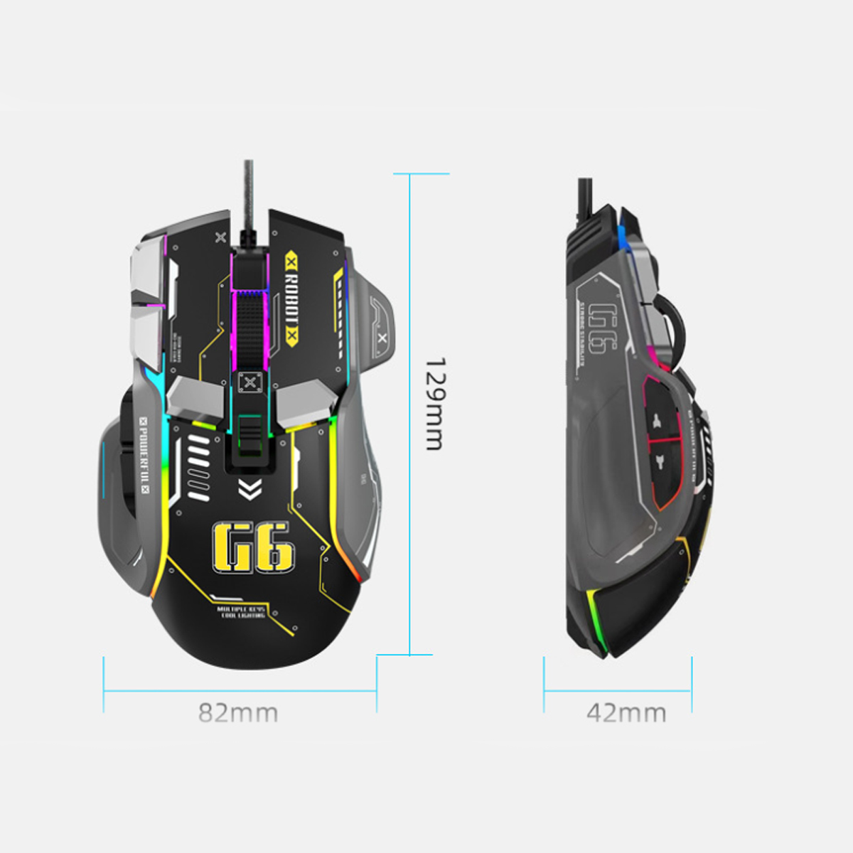 Eine Gaming-Maus mit angegebenen Abmessungen. Sie hat mehrere Tasten, RGB-Beleuchtung und die Texte 'G6' und 'ROBOTX'.