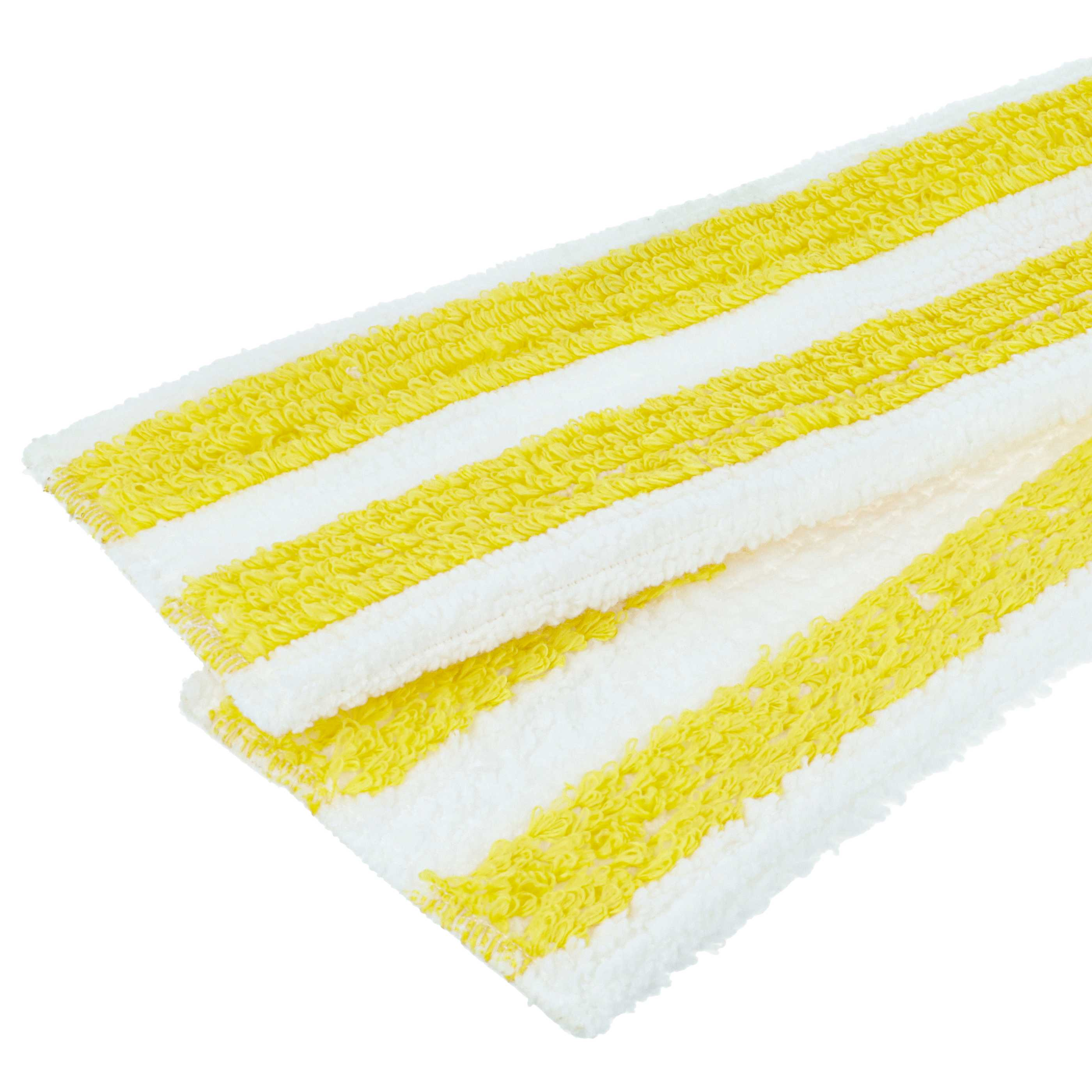 Nahaufnahme eines Reinigungspads mit gelben und weißen Streifen. Das Pad ist gefaltet und vor weißem Hintergrund platziert.