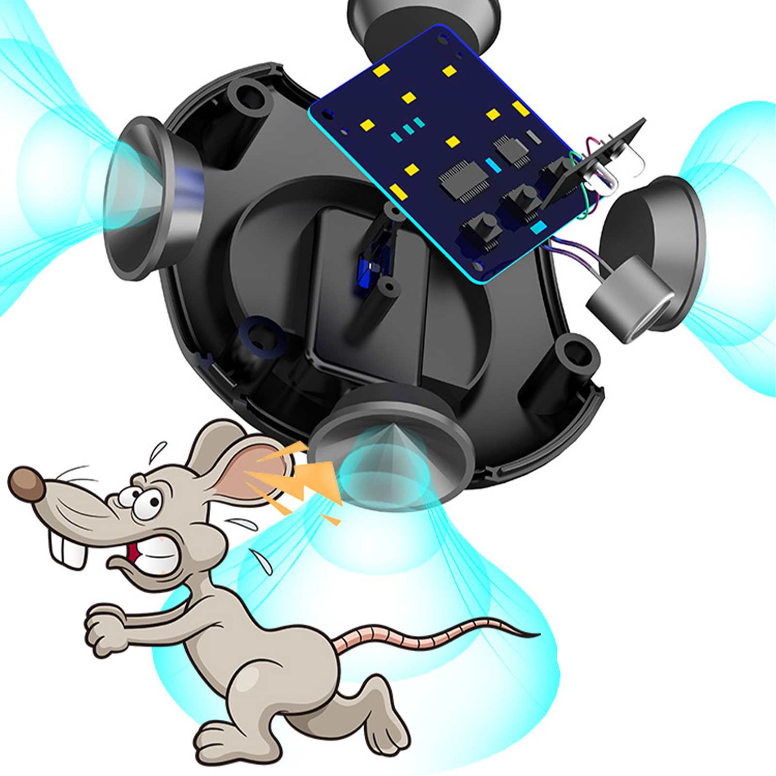 Eine Cartoon-Maus rennt vor einem Gerät weg, das blaue Strahlen aussendet. Das Gerät hat eine Platine. Die Maus hat Angst.