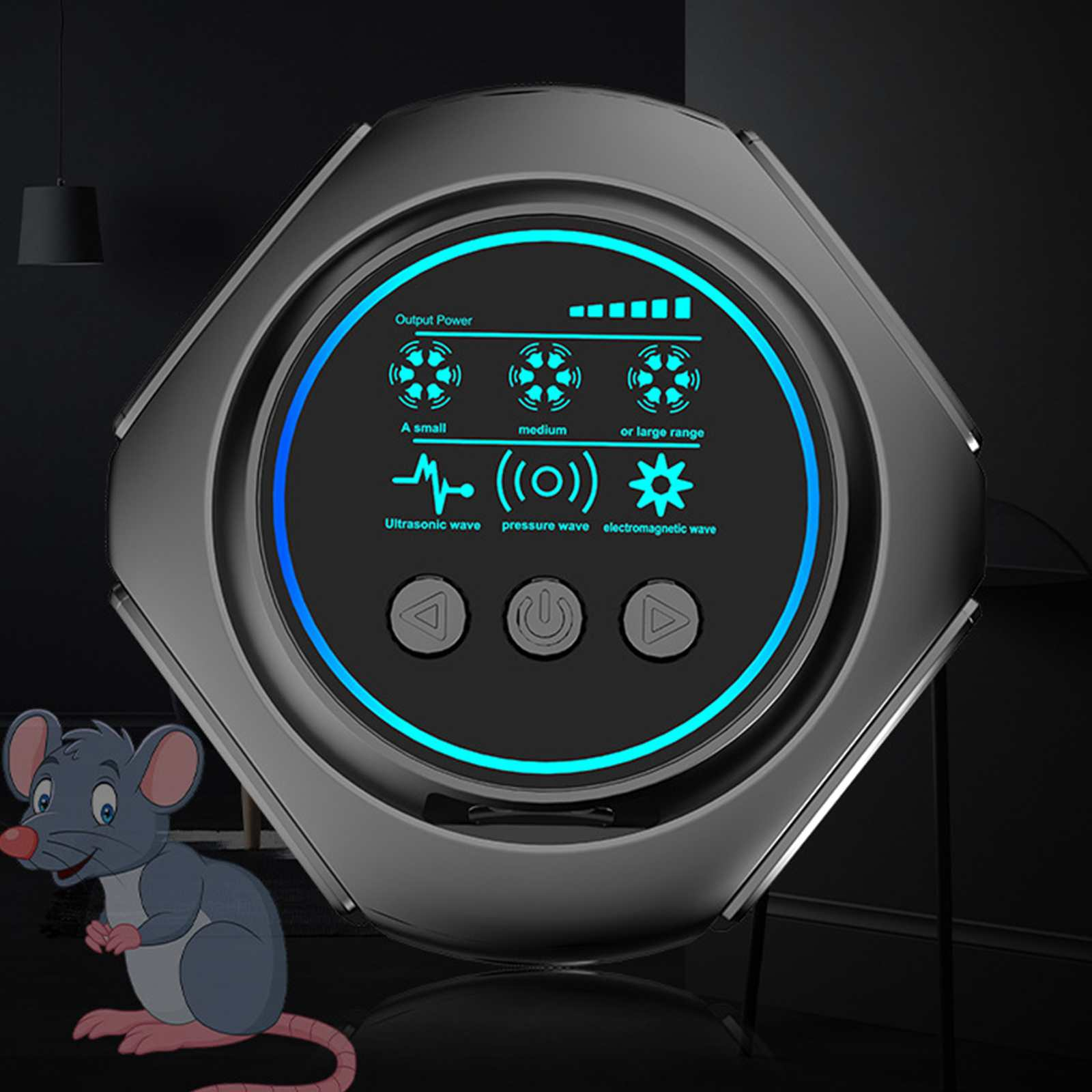Ein elektronisches Gerät mit Bildschirm, Knöpfen und einer Cartoon-Maus. Der Bildschirm zeigt Symbole und Text an.