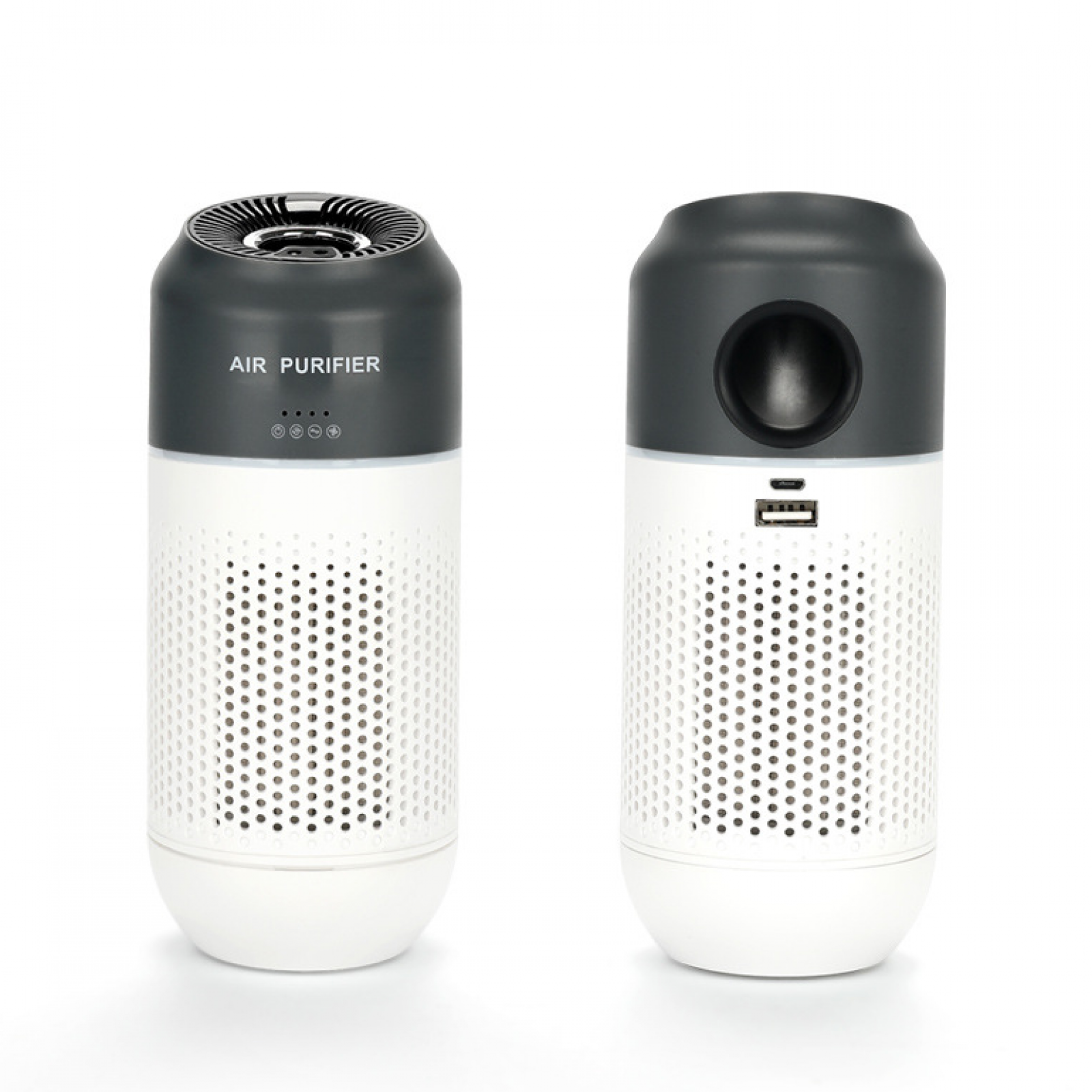 Zwei Luftreiniger, weiß und grau. Einer hat den Text 'AIR PURIFIER'. Beide haben perforierte Seiten.