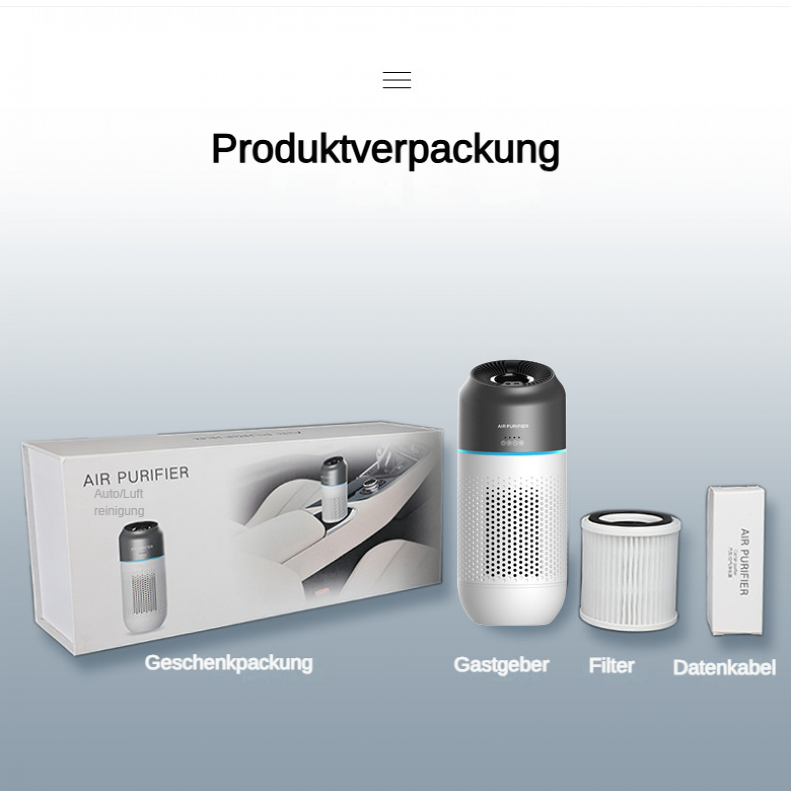 Das Bild zeigt Luftreiniger-Komponenten: ein Gerät, Filter, Kabel und Geschenkbox mit einer Illustration.