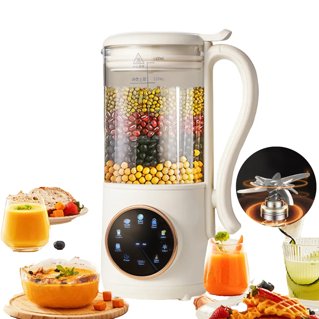 Weißer Mixer mit Bohnen im Inneren, verschiedene Lebensmittel drumherum. Säfte und Waffeln sind sichtbar. Eine Nahaufnahme der Klingen ist ebenfalls zu sehen.