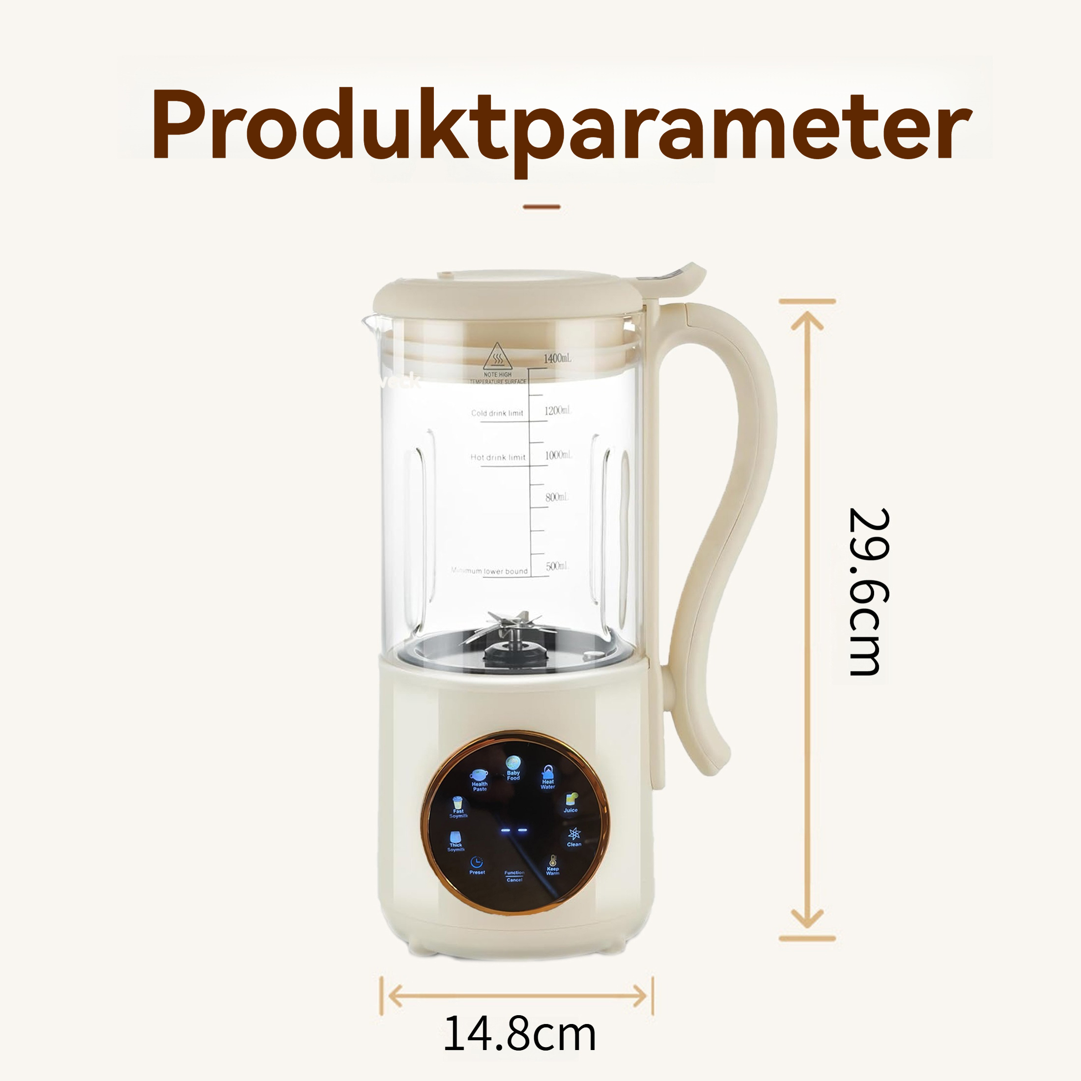 Ein beiger Mixer mit Glaskanne, Bedienfeld und Maßen. Abmessungen: 29,6 cm hoch, 14,8 cm breit.