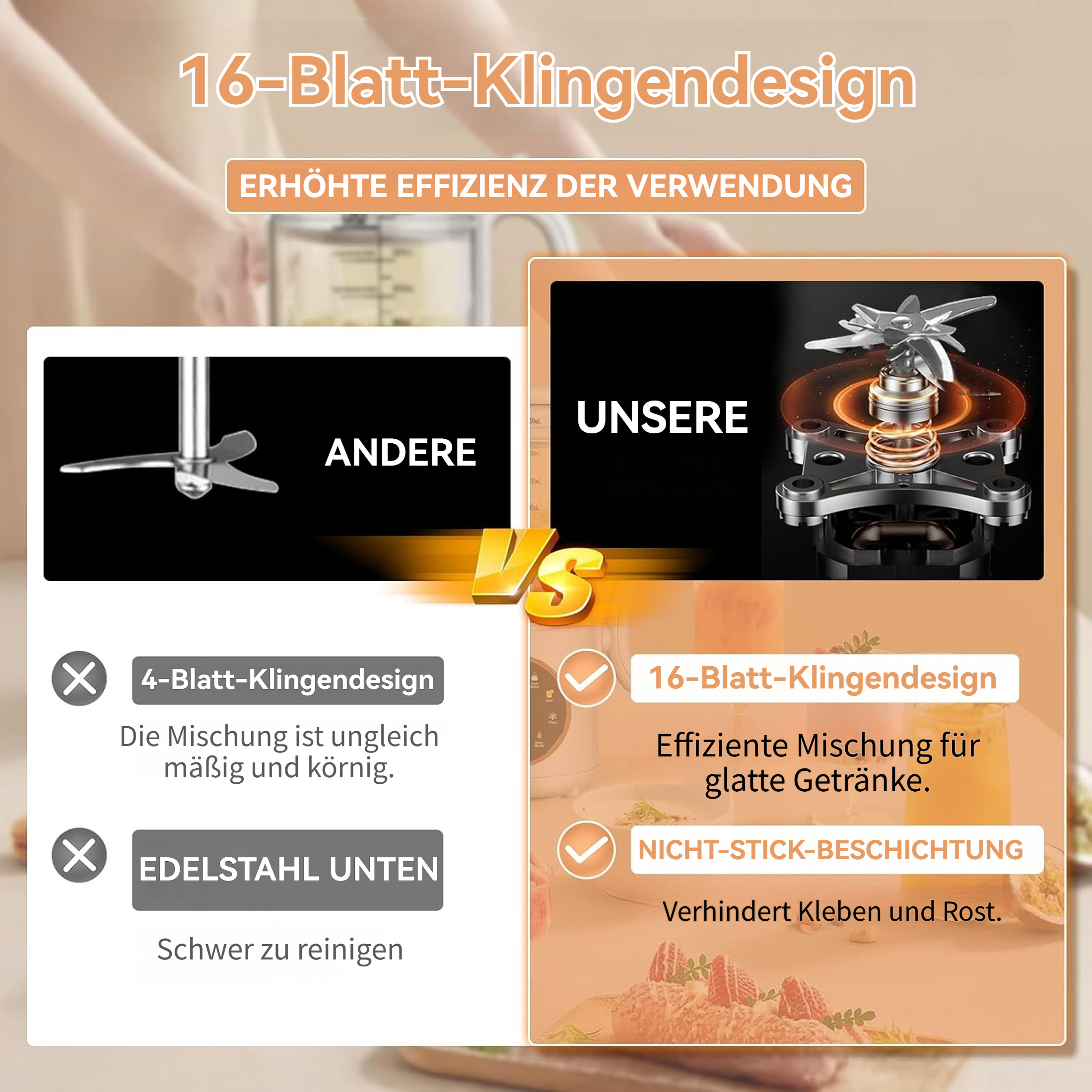 Das Bild vergleicht zwei Mixer-Klingendesigns. Eines hat vier Klingen und das andere sechzehn. Vorteile sind für das Sechzehn-Klingen-Design aufgeführt.