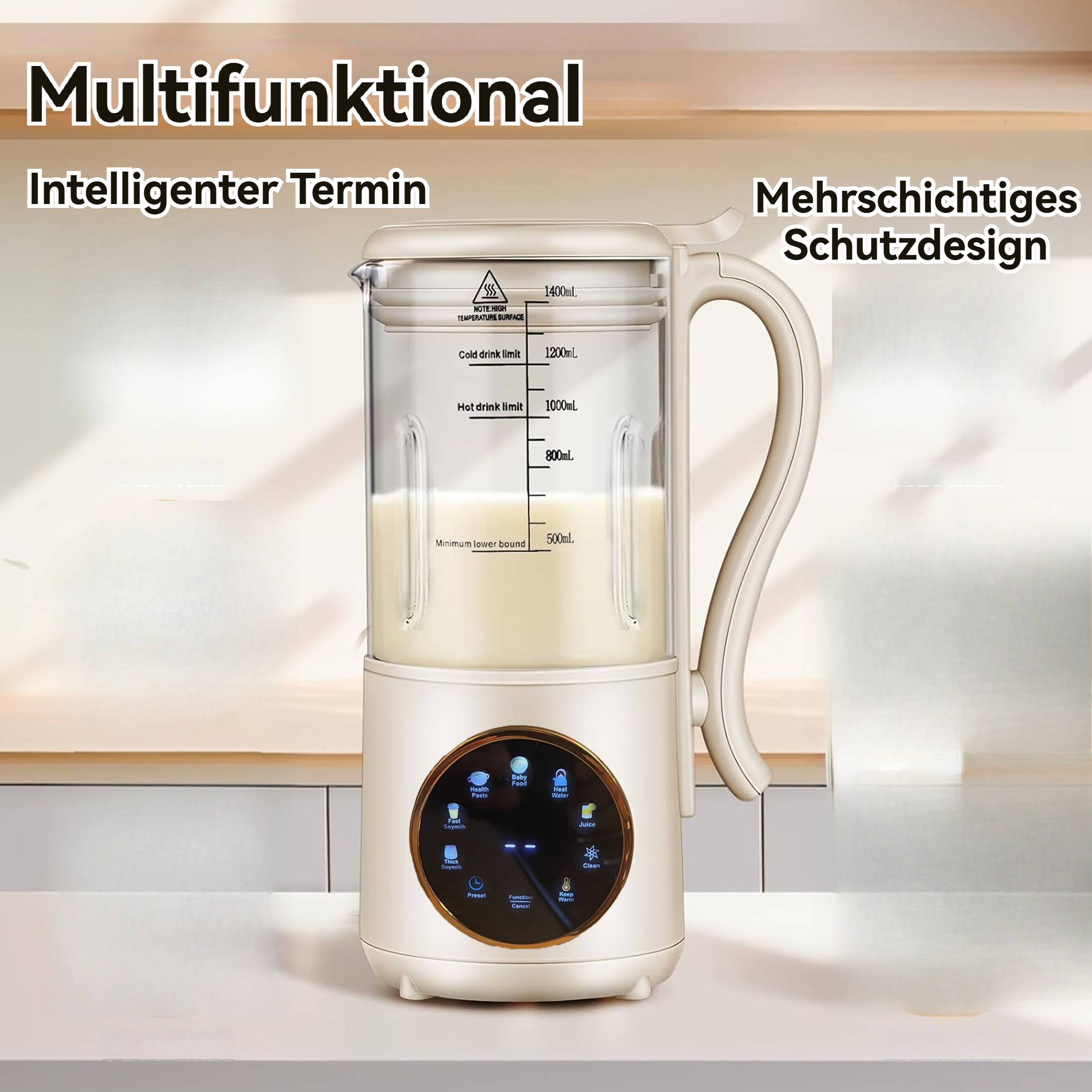 Ein beiger Mixer mit Digitalanzeige, Tasten und Flüssigkeit. Er hat einen Griff und Messlinien.