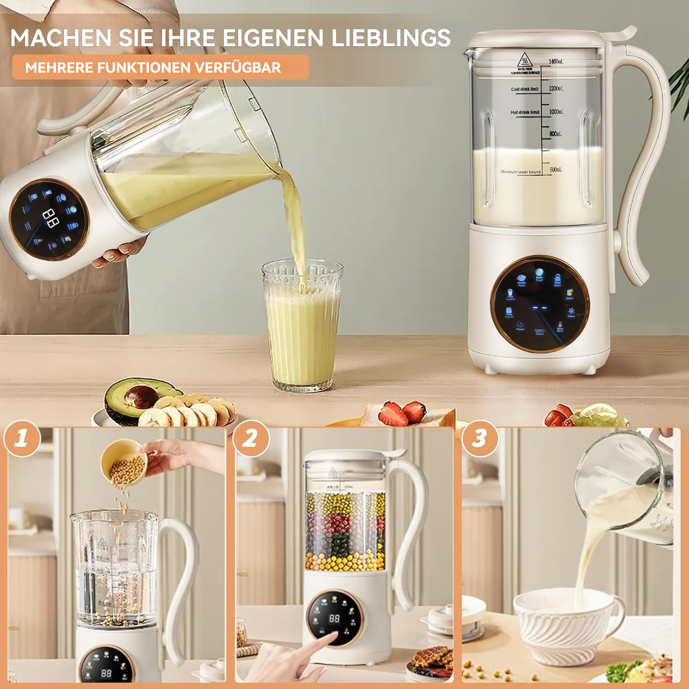 Ein Mixer gießt ein Getränk in ein Glas. Zutaten und ein Mixer stehen auf einem Tisch. Die Schritte 1, 2 und 3 sind abgebildet.