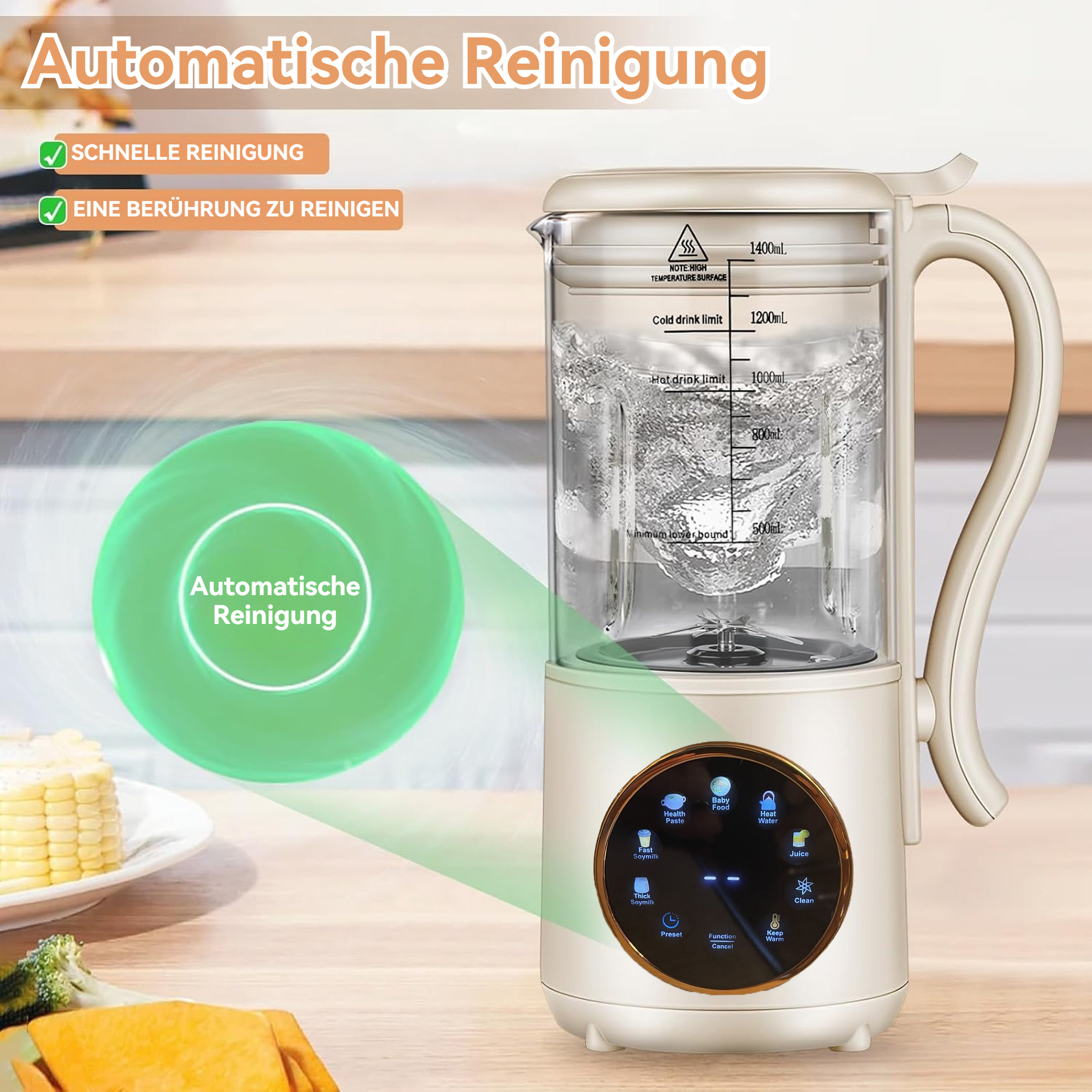Ein beiges Gerät mit Glasbehälter, Wasser darin. Knöpfe für verschiedene Funktionen sind sichtbar, mit Obst und Gemüse an der Seite.