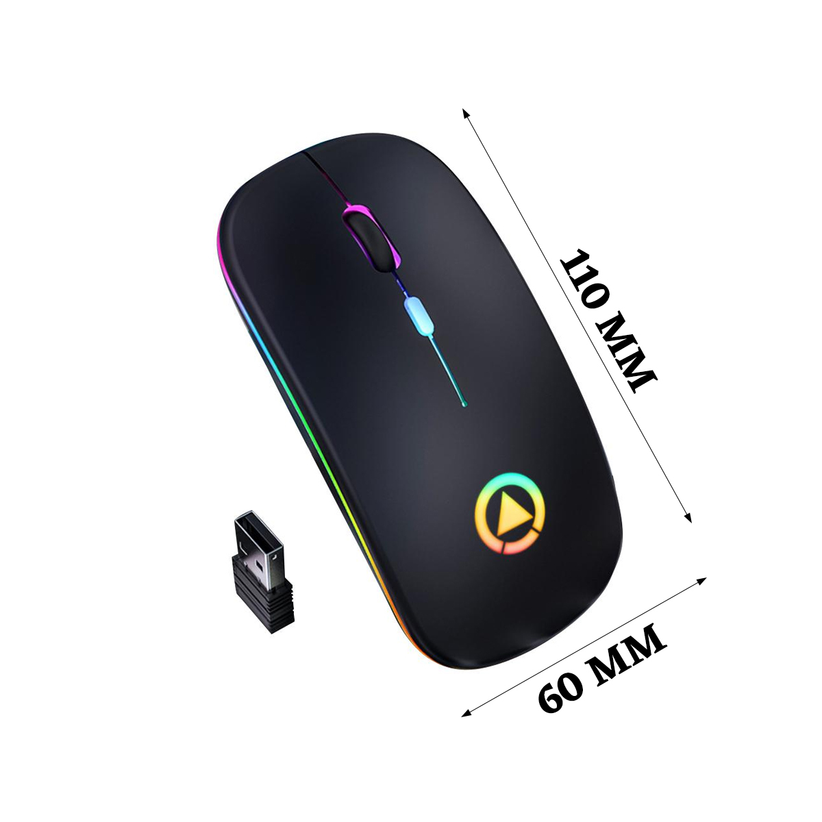 Schwarze, kabellose Computermaus mit Regenbogenkanten und Logo. Inklusive USB-Empfänger. Abmessungen sind 110 mm x 60 mm.