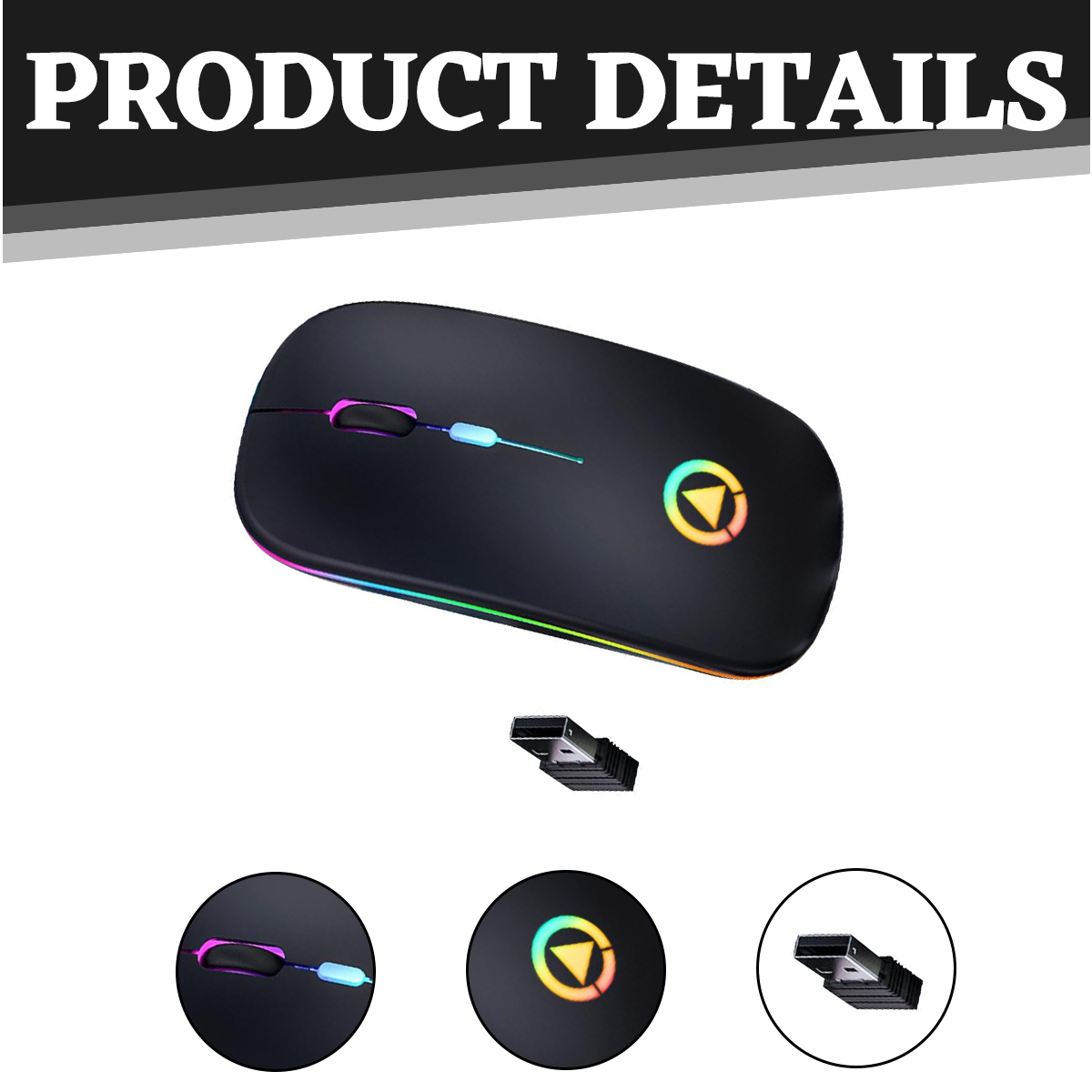 Schwarze kabellose Maus mit Regenbogenlichtern, einem USB-Empfänger und Detailaufnahmen der Maus, der Taste und des Empfängers.