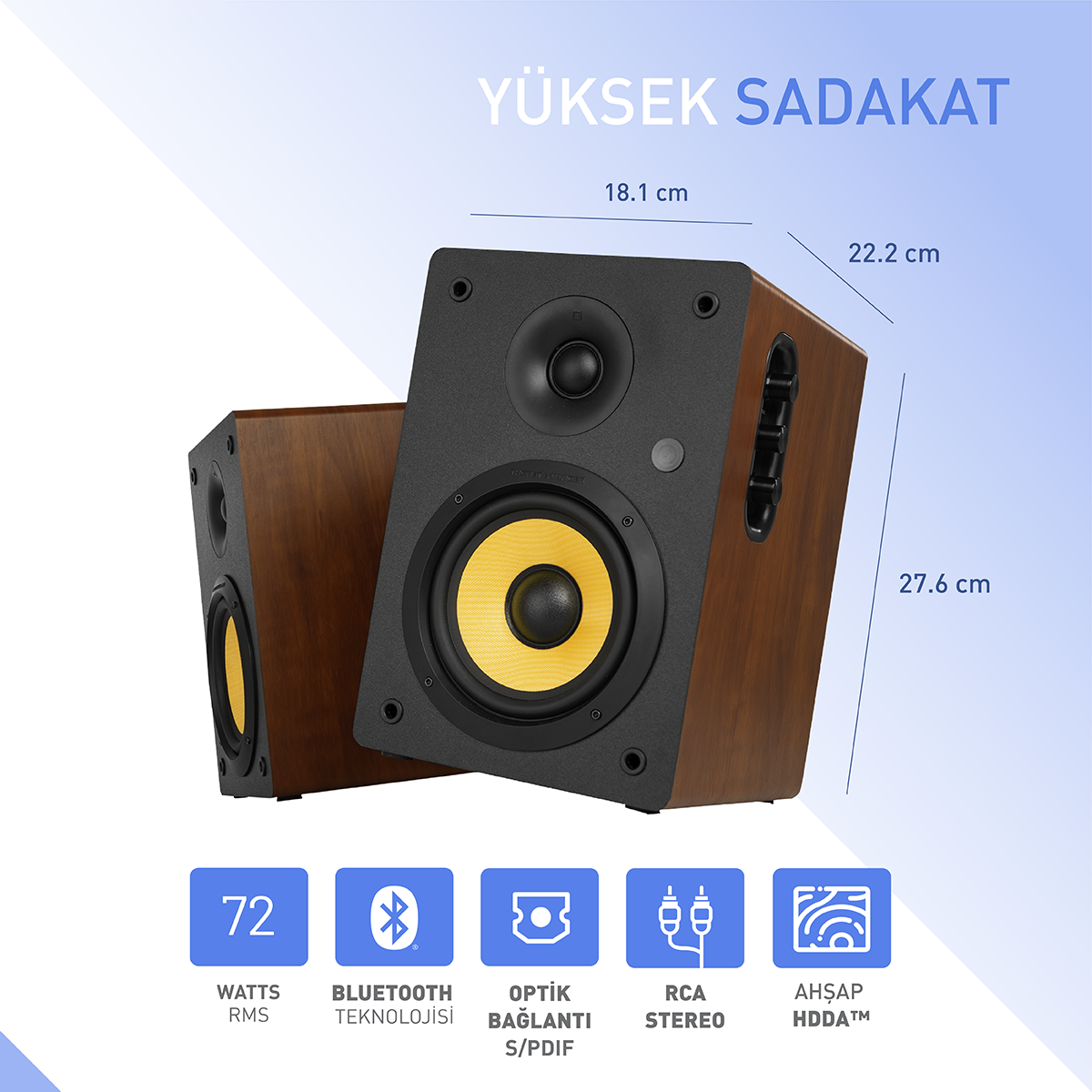 Sarı merkezli iki kahverengi hoparlör. Boyutlar görüntülenir. Bluetooth, RCA ve diğer özelliklerin simgeleri gösterilir.