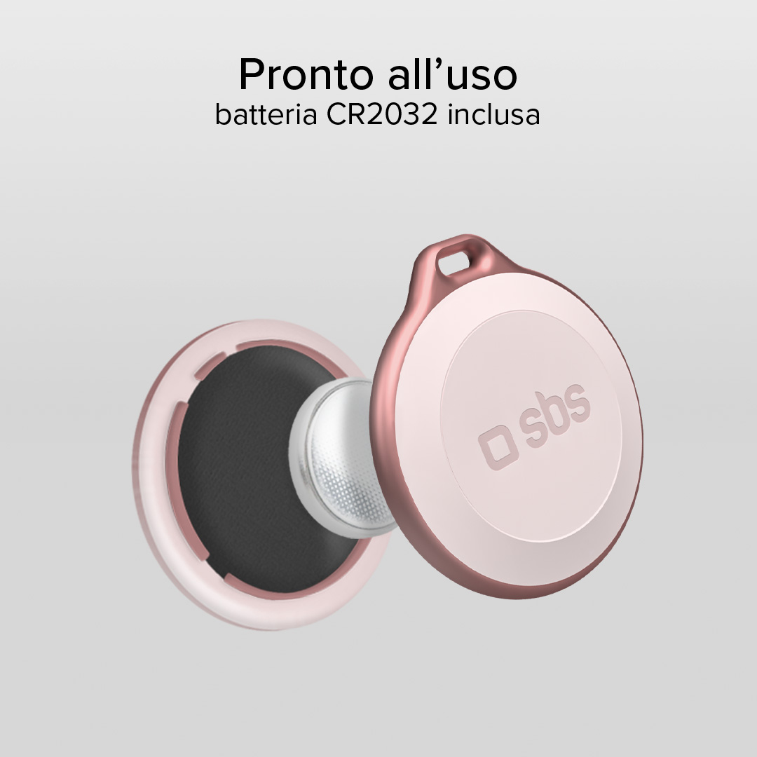 Un rastreador SBS oro rosa con batería desmontada y compartimento. El texto superior dice Pronto all'uso.