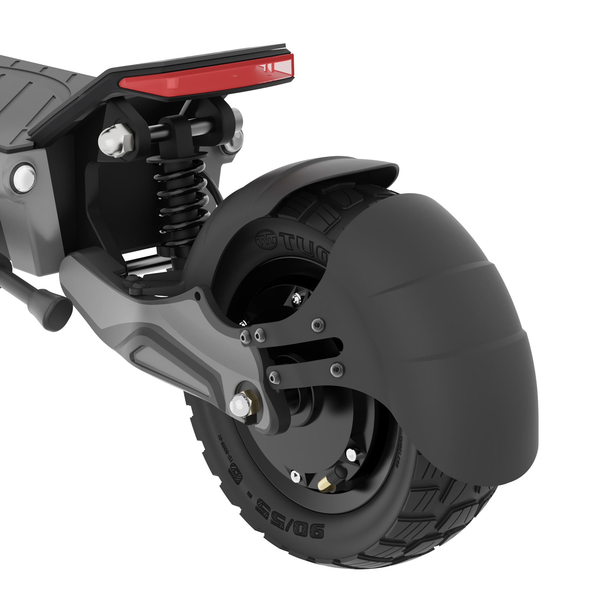 Zbliżenie tylnego koła hulajnogi elektrycznej. Czarna opona, błotnik i elementy zawieszenia. Czerwone światło tylne.