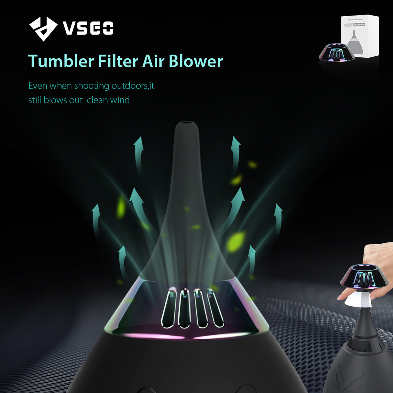 Ein schwarzes Luftgebläse mit farbenfrohem Filter. Text: 'Tumbler Filter Air Blower'. Pfeile zeigen sauberen Wind. Eine Hand hält ein ähnliches Gebläse.