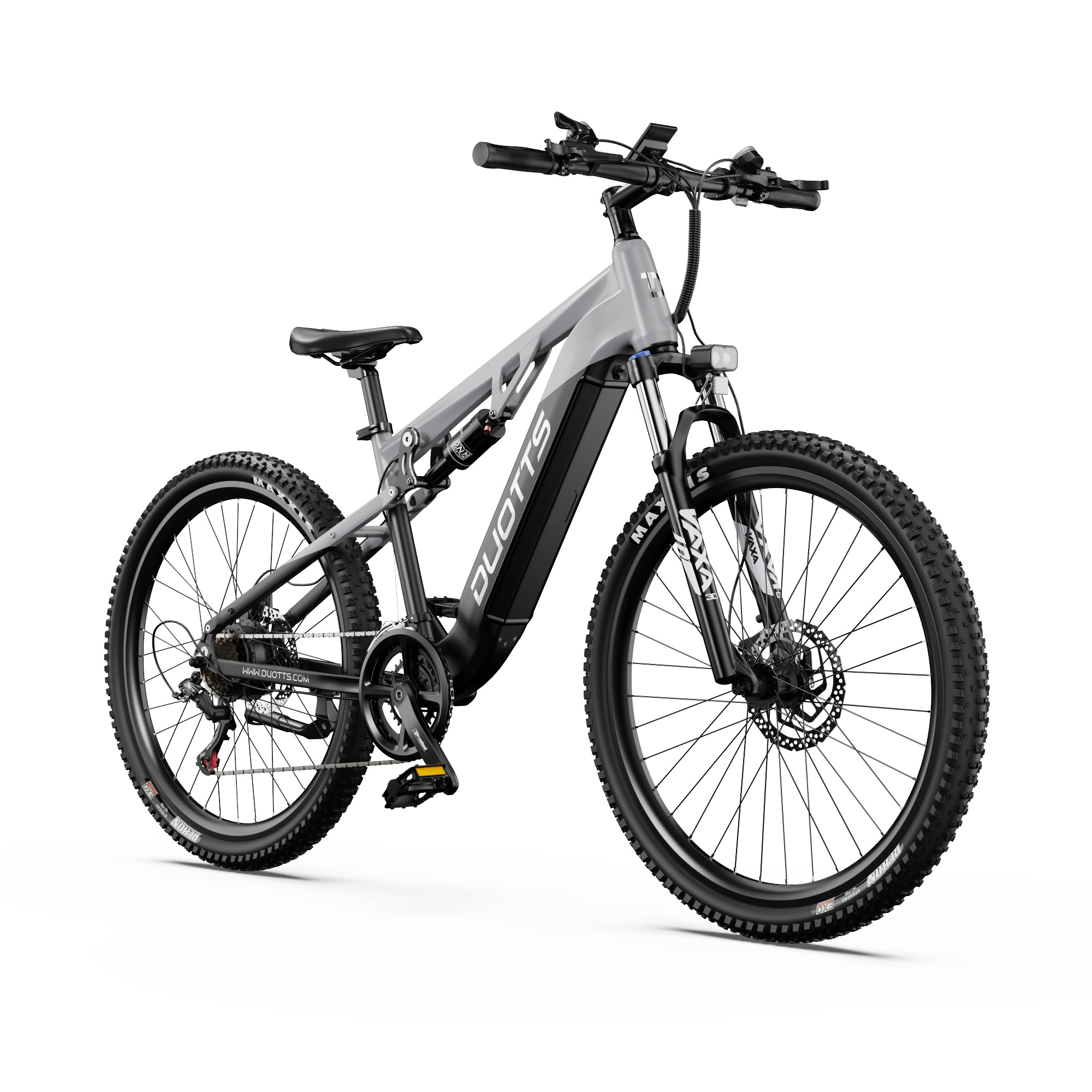 Elektryczny rower górski na białym tle. Jest szary i czarny, z dużymi oponami i nazwą marki DUOTTS na ramie.