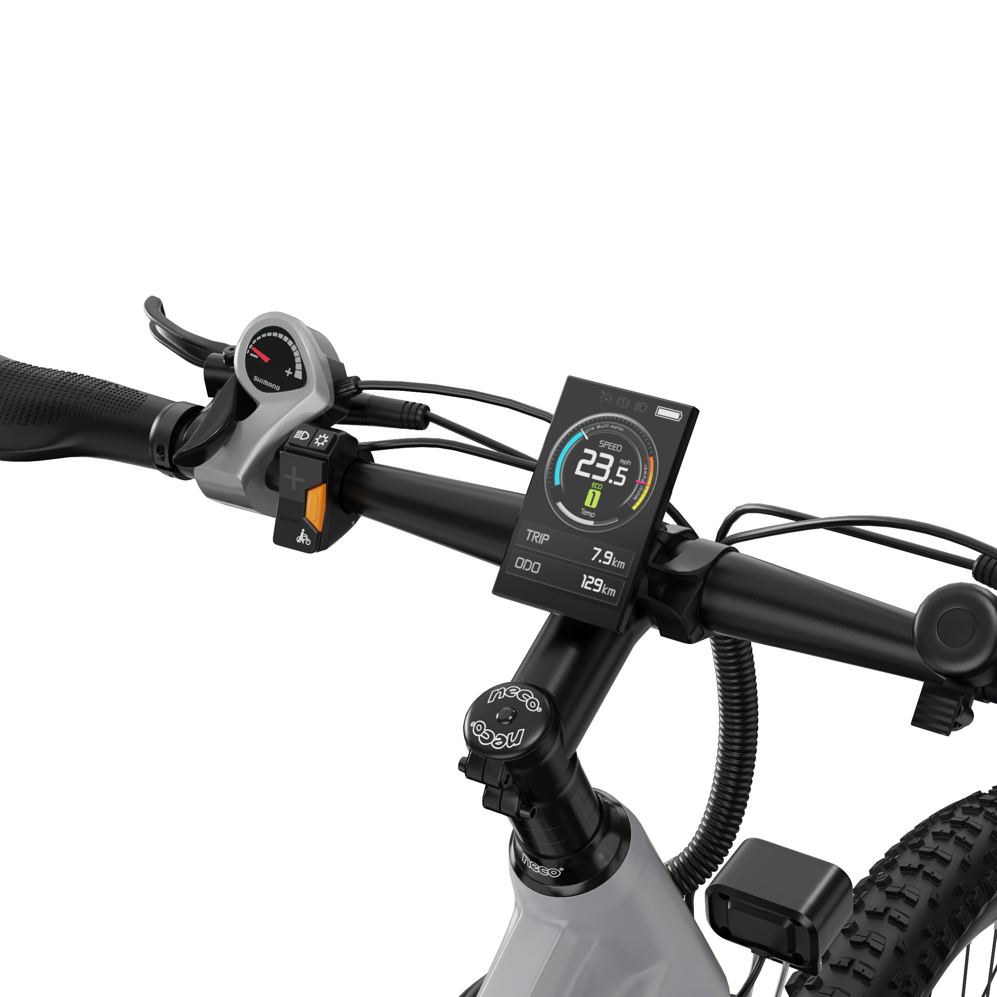 Pokazano kierownicę roweru elektrycznego. Posiada cyfrowy wyświetlacz z danymi prędkości i podróży. Kierownica jest czarno-szara.