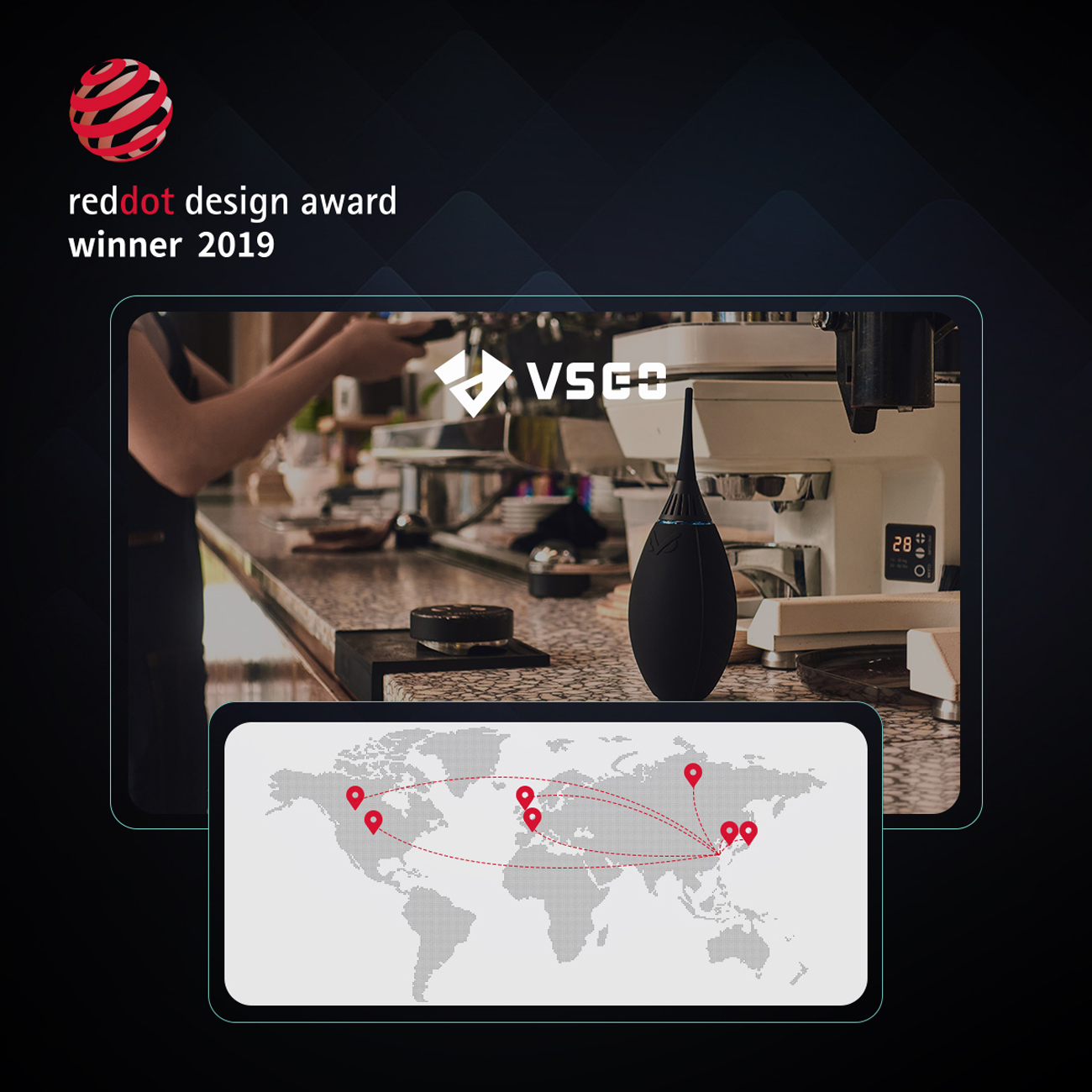 Bild zeigt eine Kaffeemaschine, eine Karte mit roten Markierungen und ein rotes Design-Award-Logo.