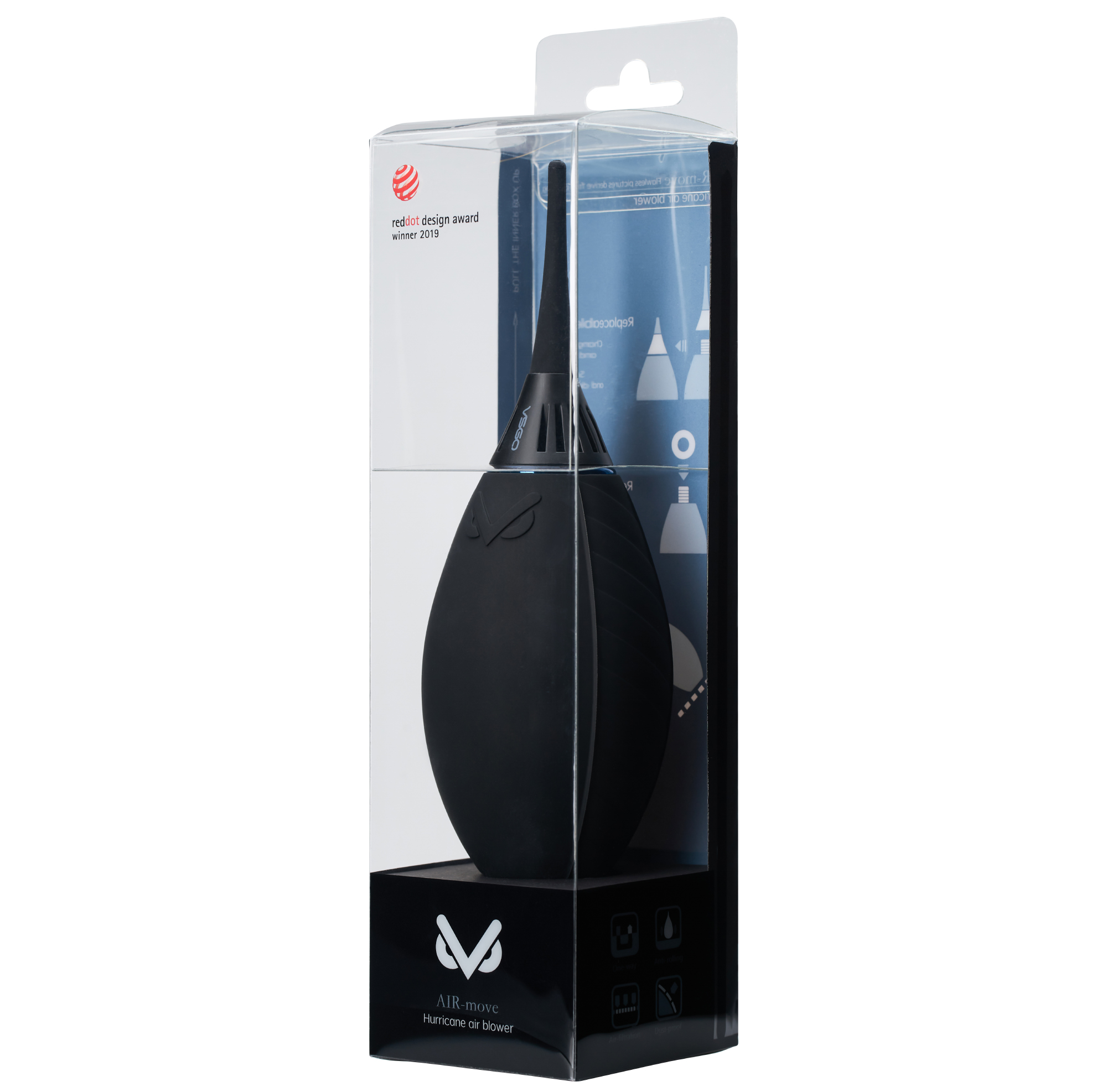 Schwarzer Luftbläser in einer durchsichtigen Plastikverpackung. Red Dot Design Award Gewinner 2019. Die Marke ist VSGO, Air-move, Hurricane Luftbläser.