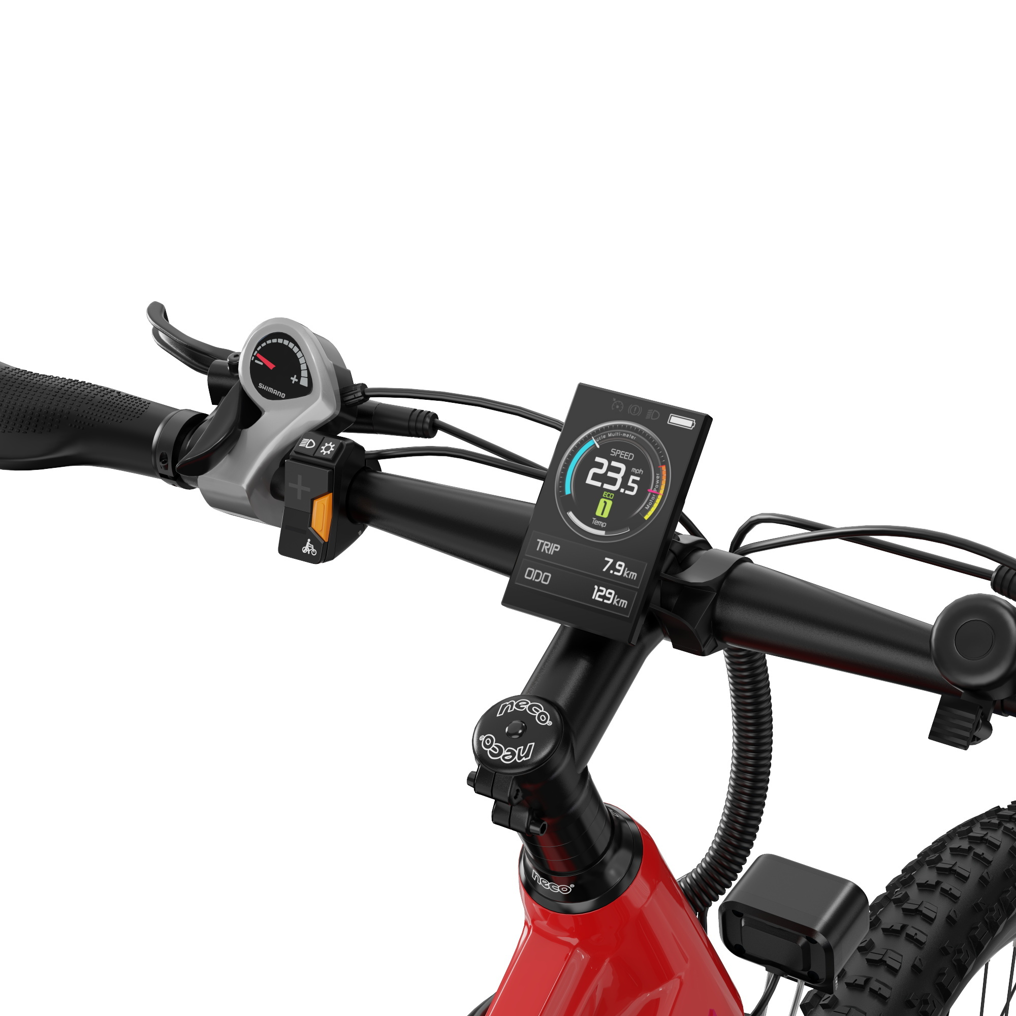 Zbliżenie kierownicy roweru z cyfrowym wyświetlaczem pokazującym prędkość, szczegóły podróży i selektor biegów Shimano.
