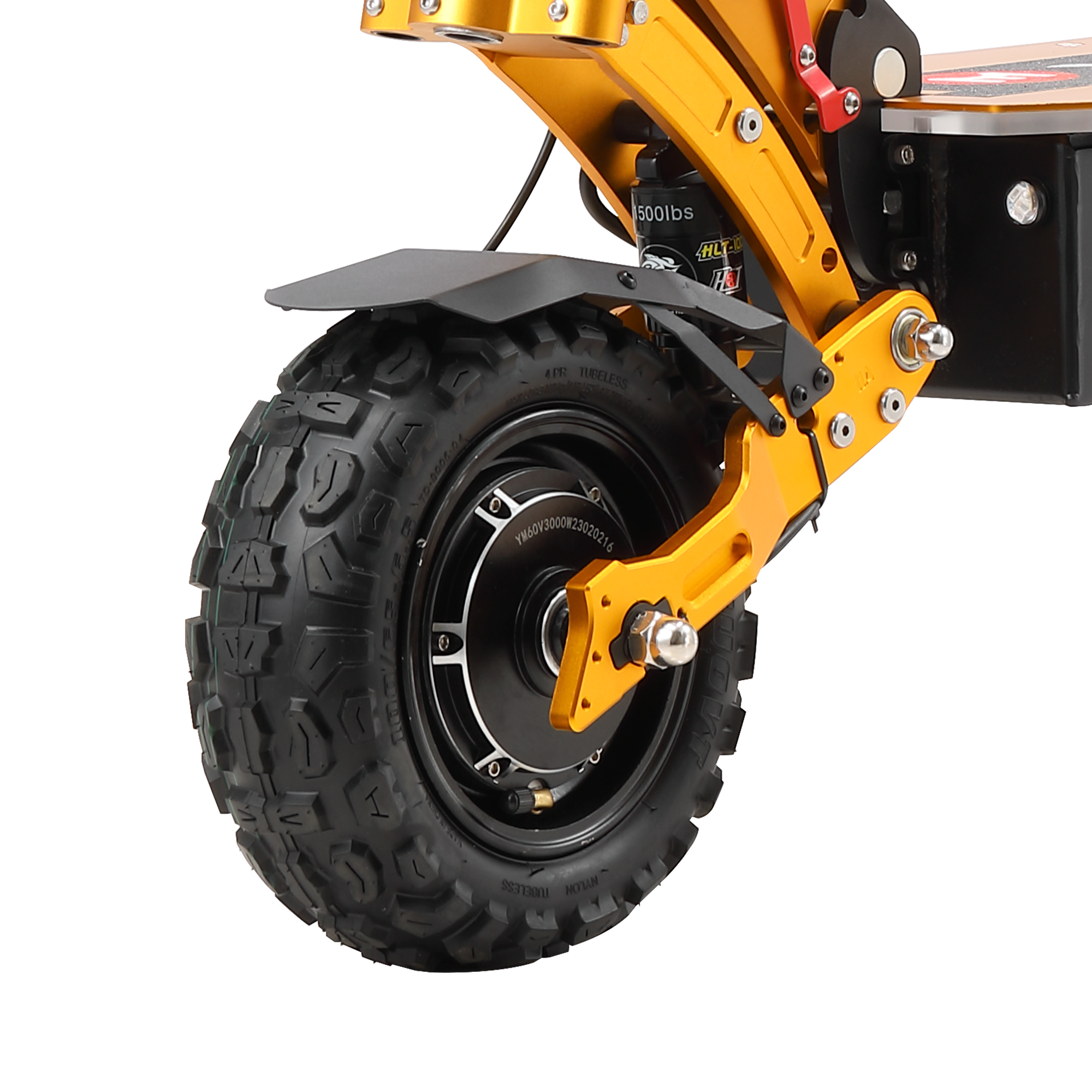 Zbliżenie tylnego koła skutera. Koło jest czarne, ze złotą ramą i amortyzatorem. Opona jest wytrzymała.