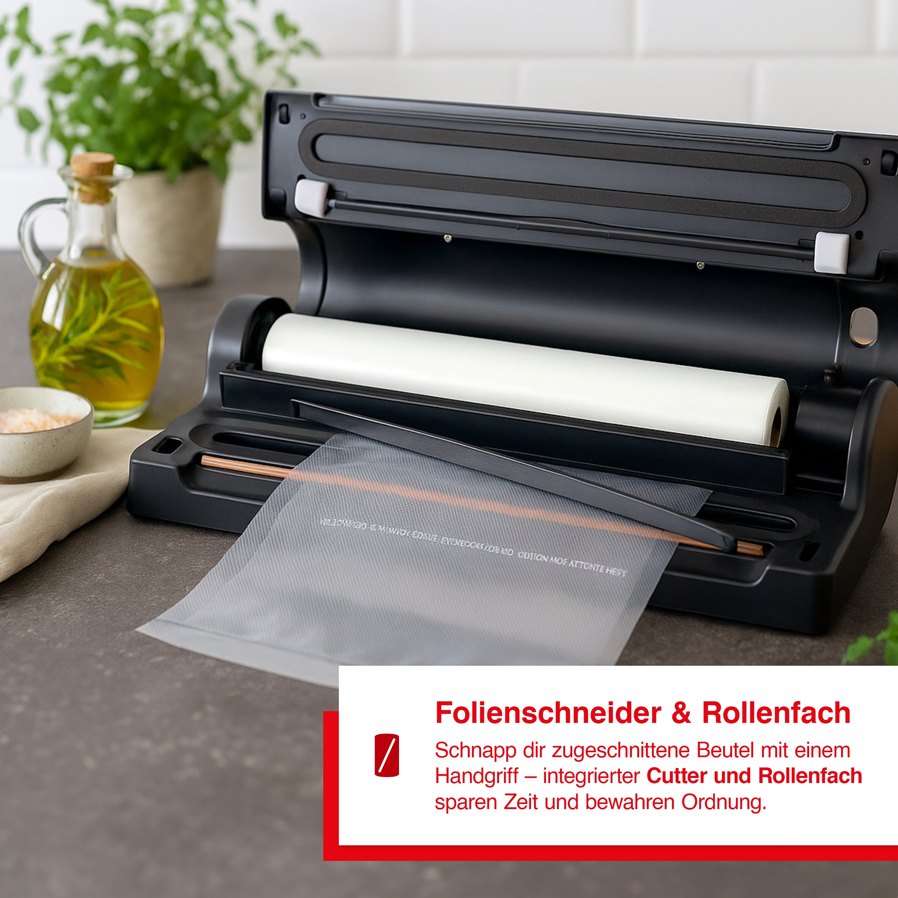 Czarna zgrzewarka próżniowa z rolką plastiku, pojemnikiem na olej i roślinami w tle.