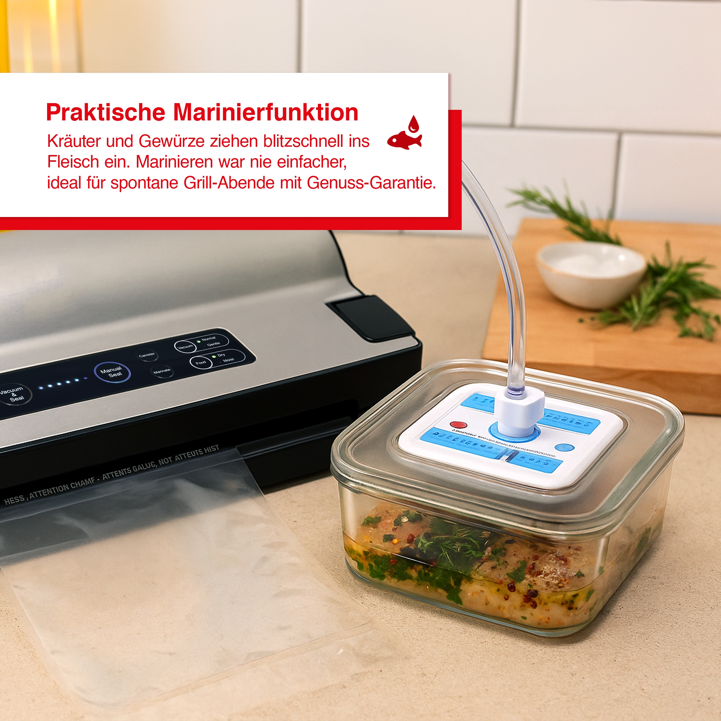 Zgrzewarka próżniowa ze szklanym pojemnikiem z jedzeniem, miską soli i rozmarynem na drewnianej desce. Tło jest rozmyte.